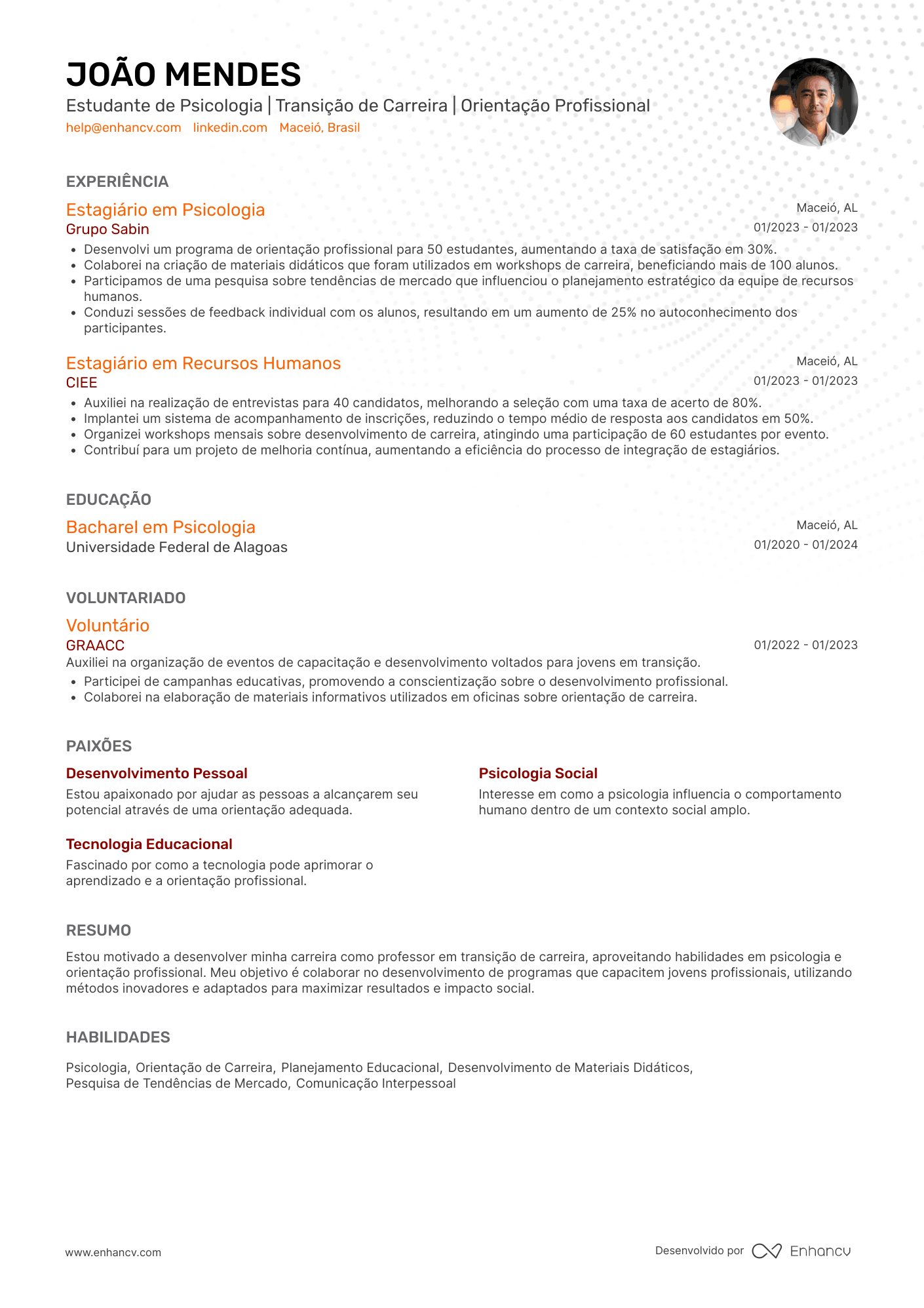 Professor em transição de carreira Resume Example