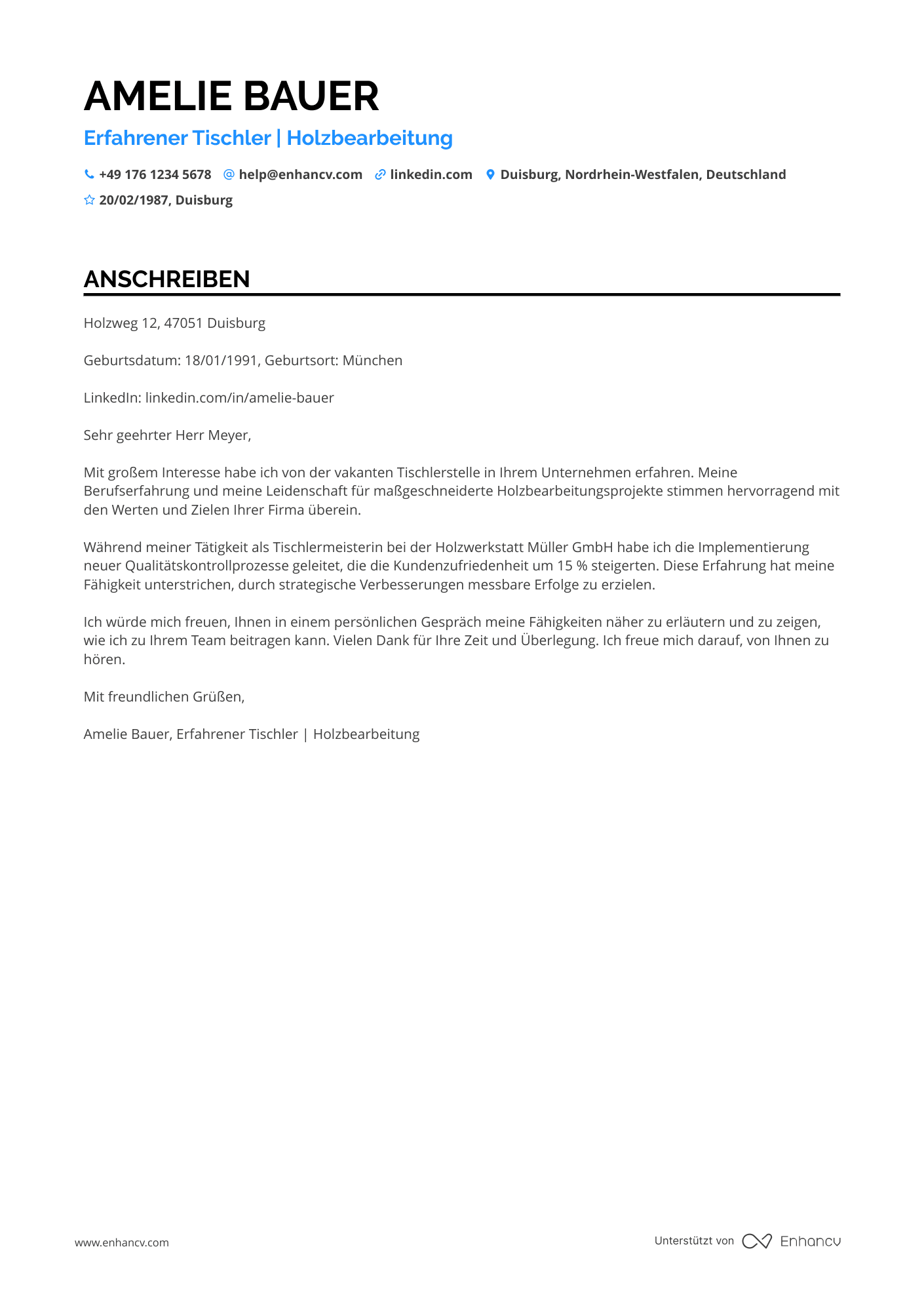 Tischler mit 5 10 Jahren Erfahrung Resume Example