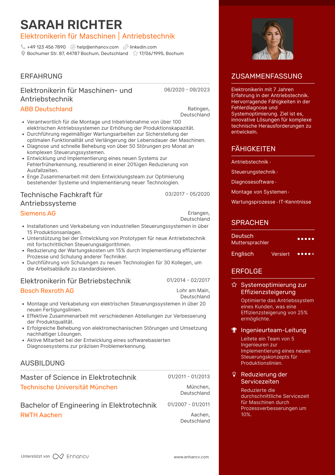 Lebenslauf als Elektroniker für Maschinen und Antriebstechnik Resume Example