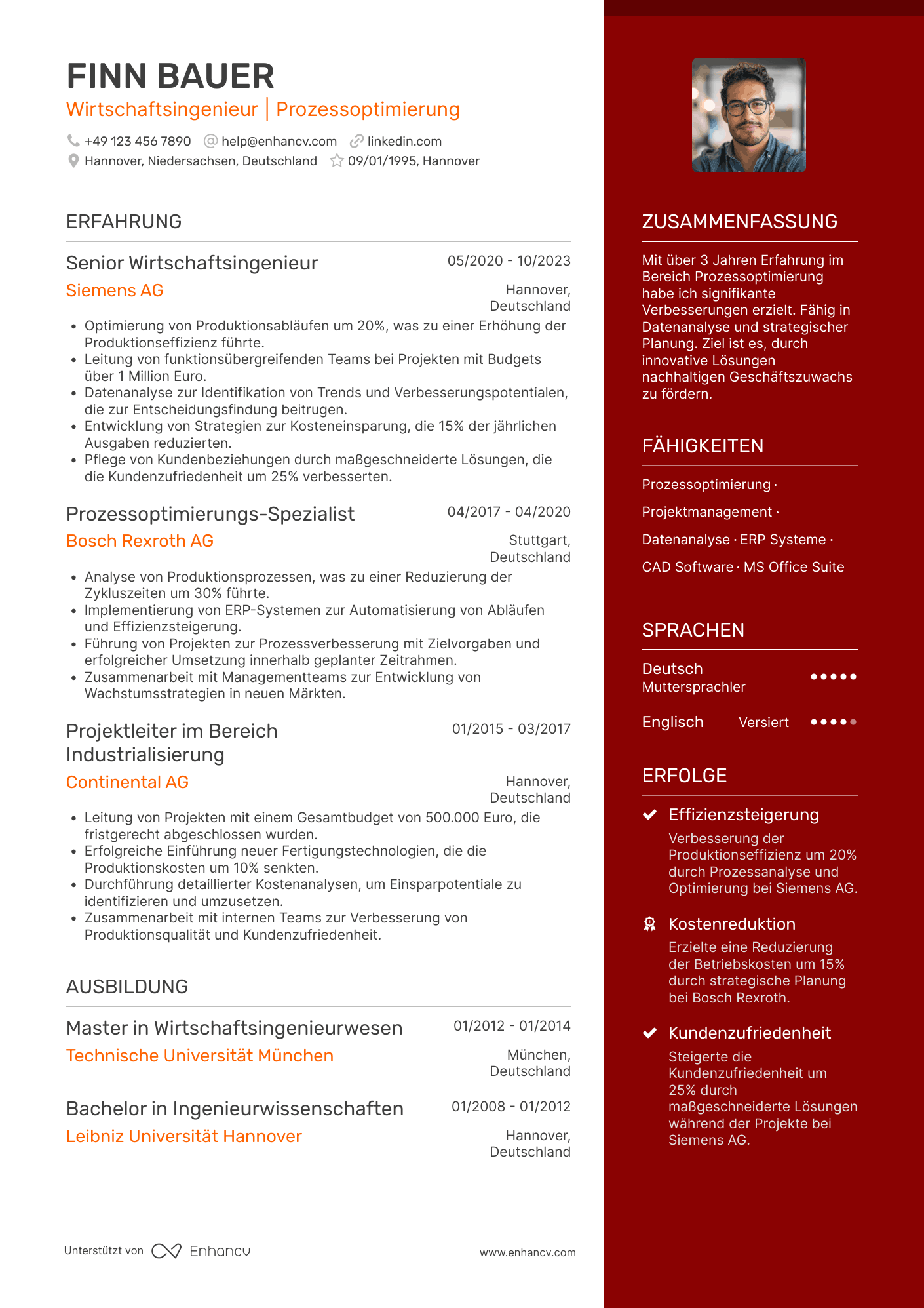 Lebenslauf als Wirtschaftsingenieur mit Spezialisierung Resume Example