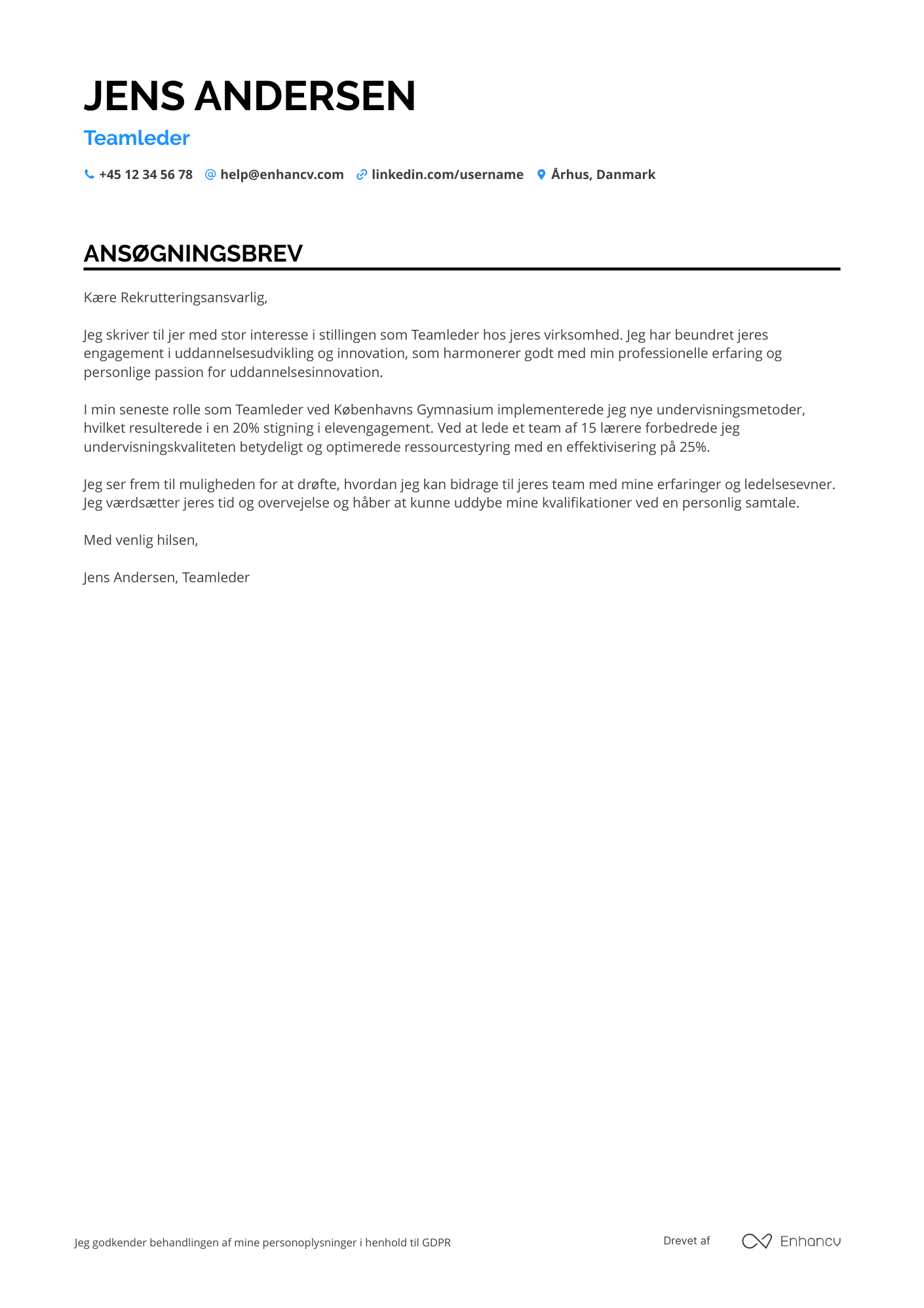 Ansøgningsbrev til Teamleder for gymnasielærere Resume Example