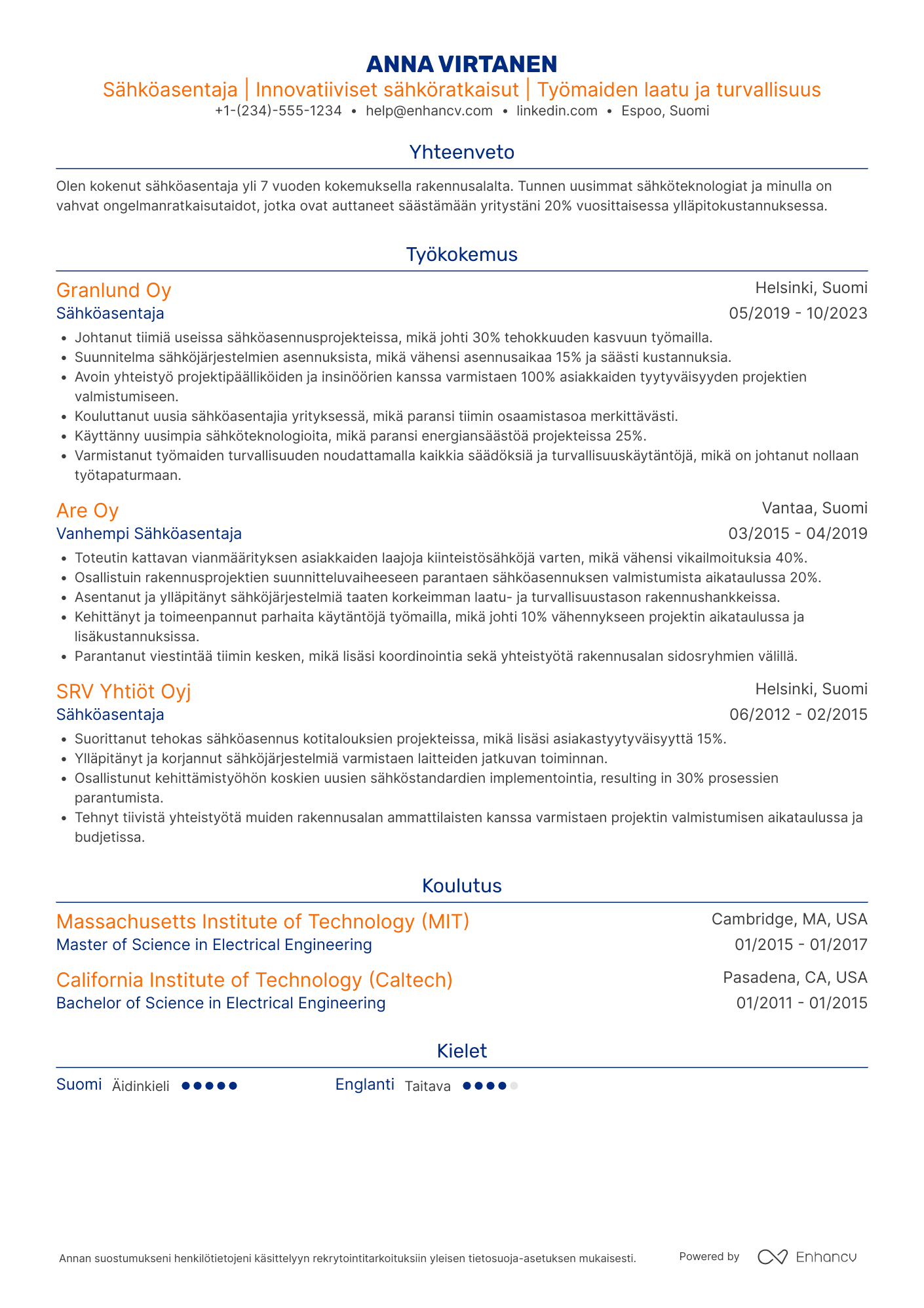 Ansioluettelo Rakennusalan sähköasentaja Resume Example