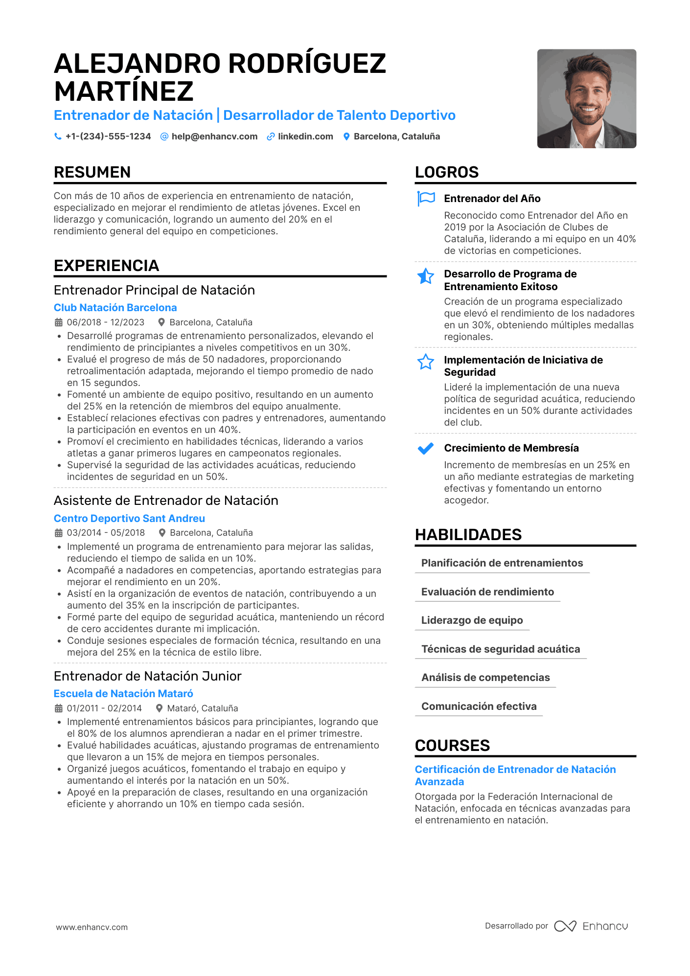 Ejemplo de currículum deportivo de natación Resume Example