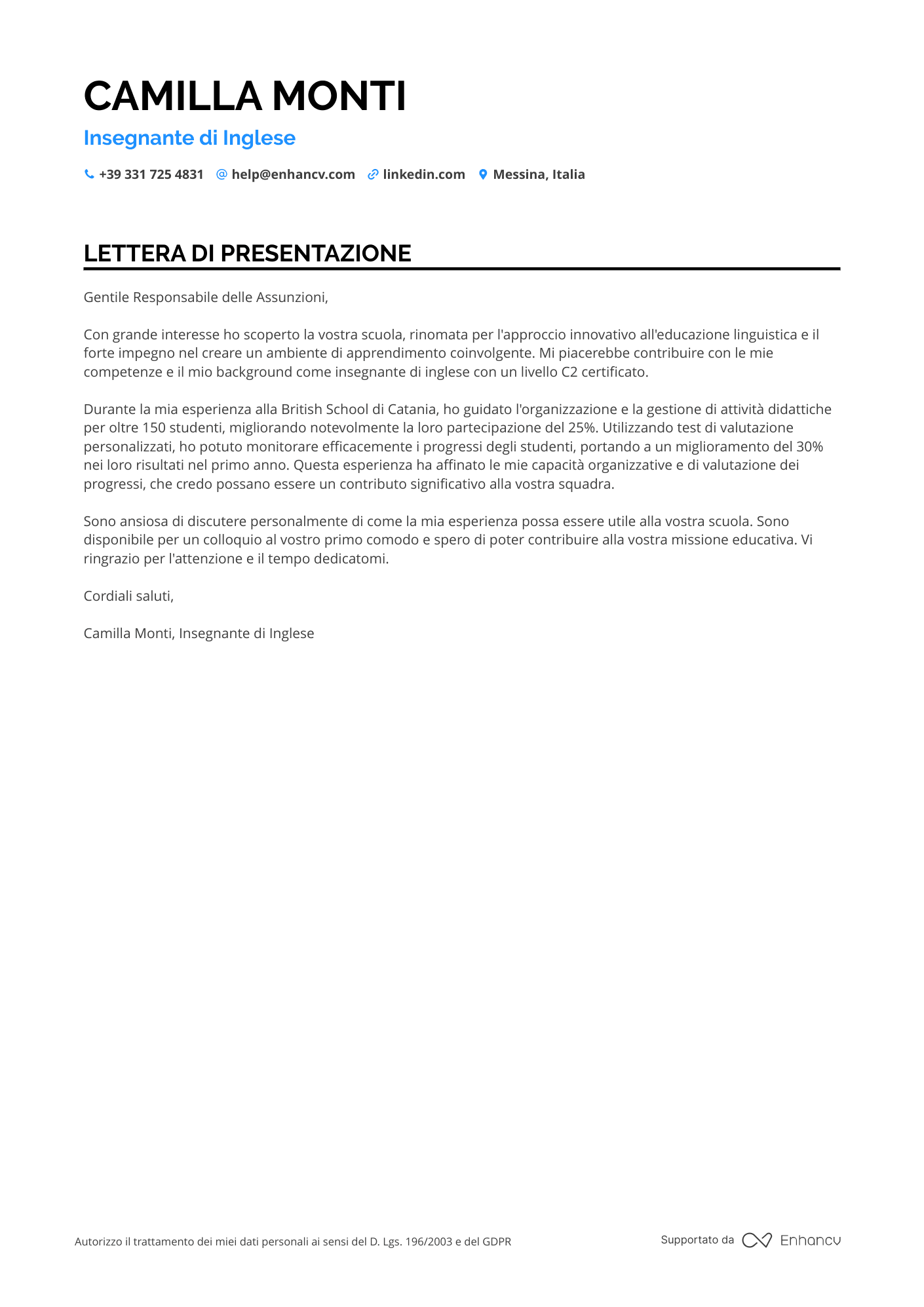 Insegnante Prima Esperienza Resume Example