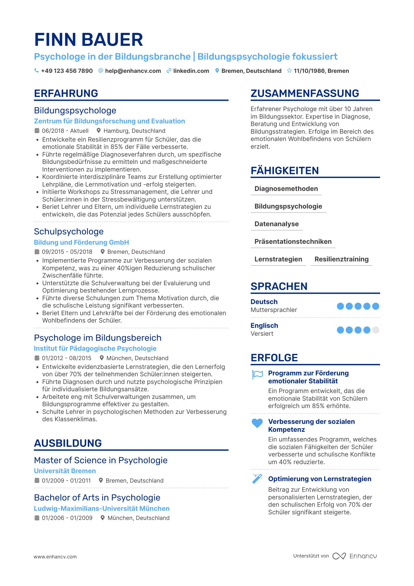 Lebenslauf in Psychologe in der Bildungsbranche Resume Example