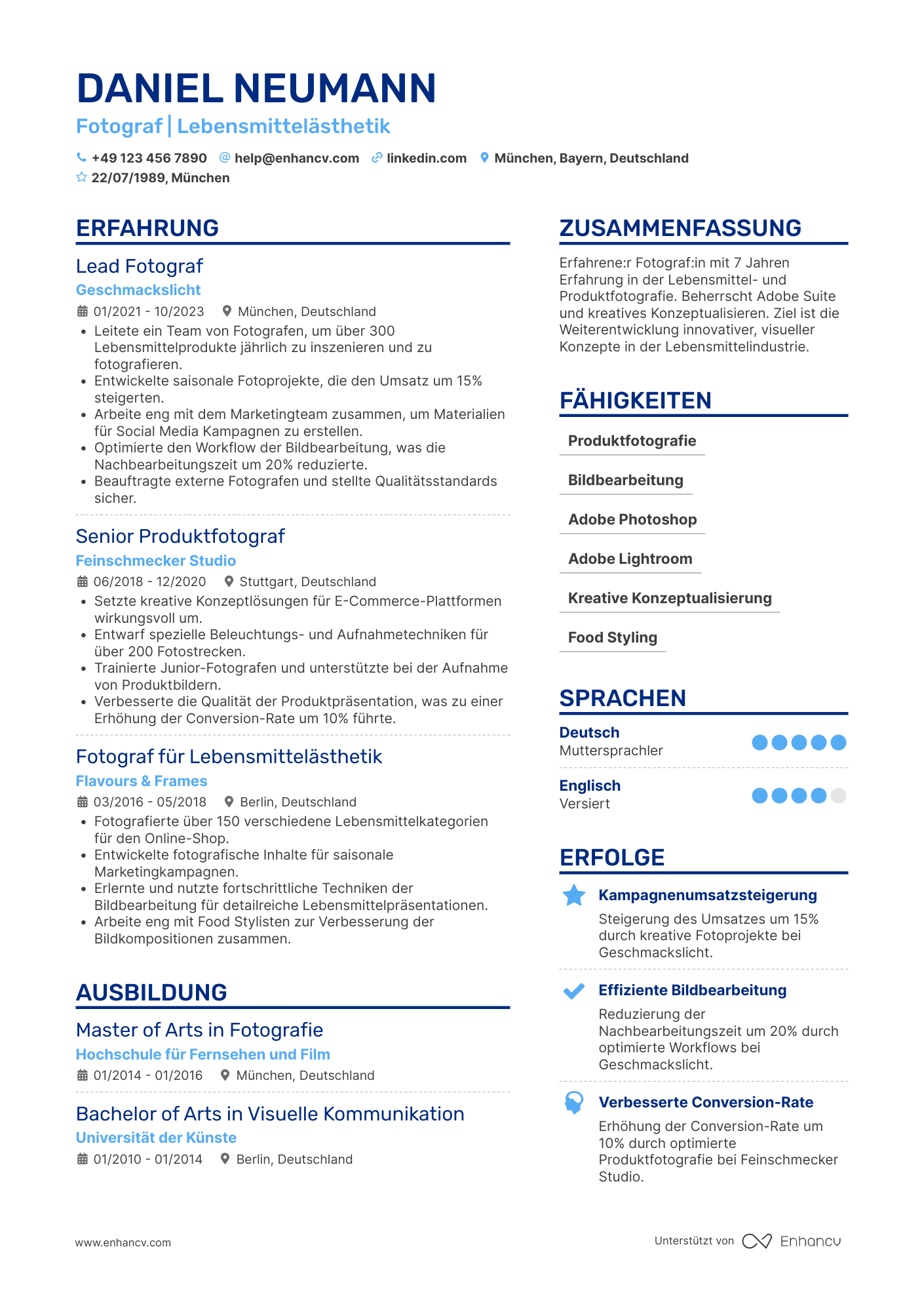 Lebenslauf in Fotograf für die Lebensmittelindustrie Resume Example
