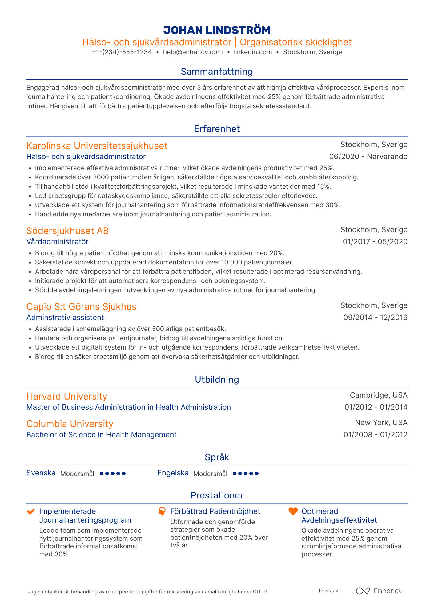 CV för Hälso  och sjukvårdsadministratör Resume Example
