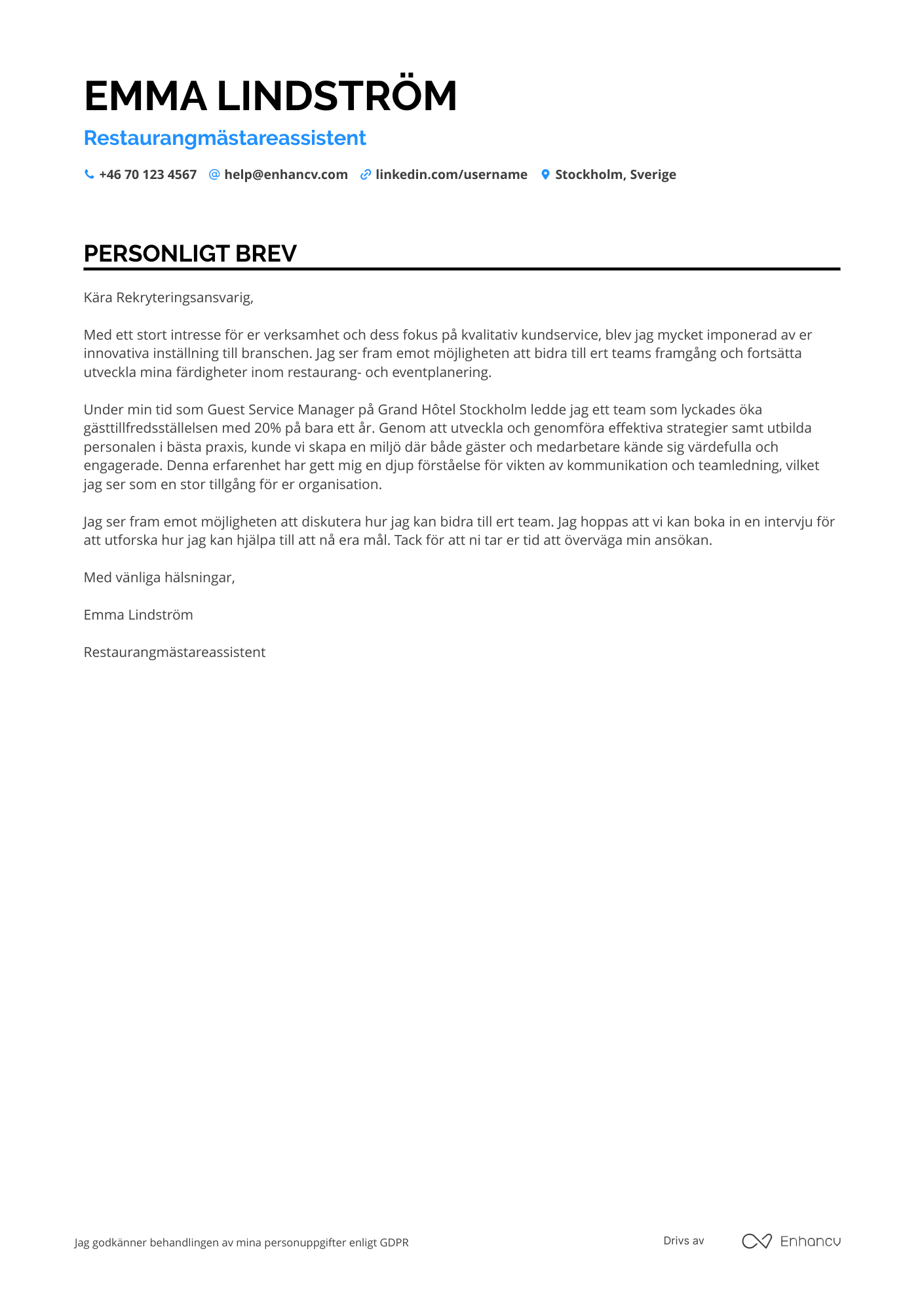 Personligt brev för Restaurangmästareassistent Resume Example