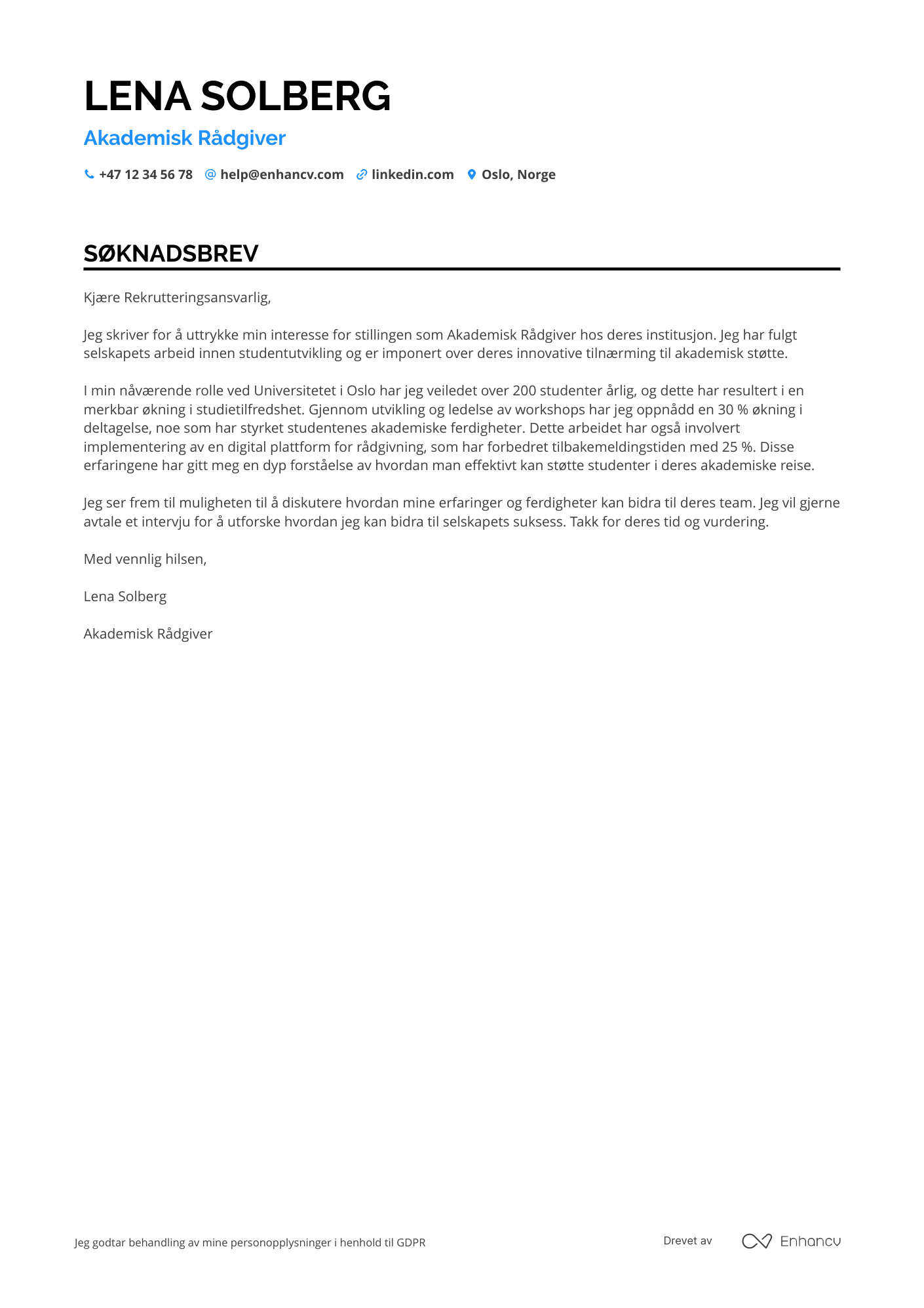 Søknadsbrev for Akademisk Rådgiver Resume Example