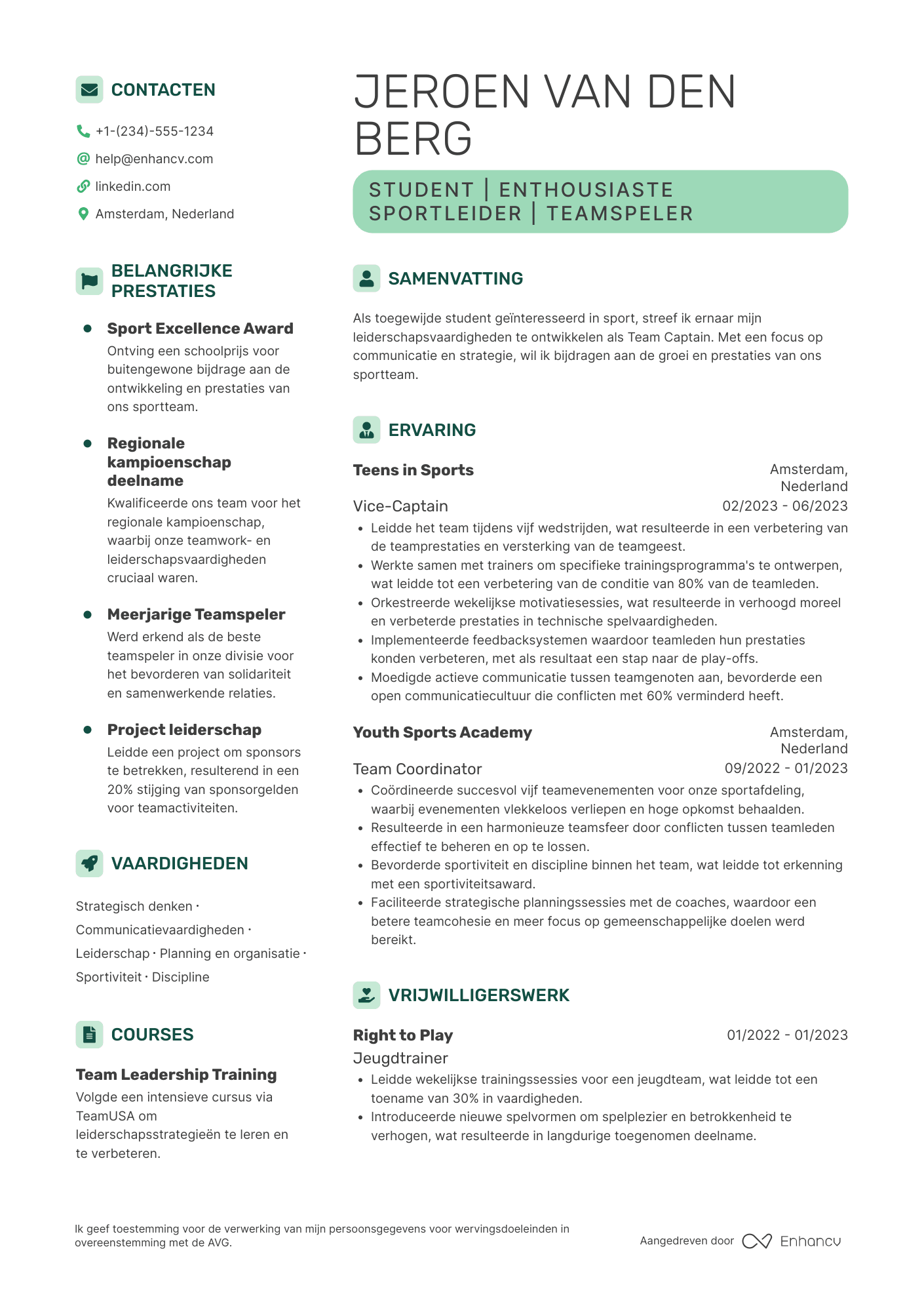 CV voor Middelbare School Student Sports Team Captain Resume Example