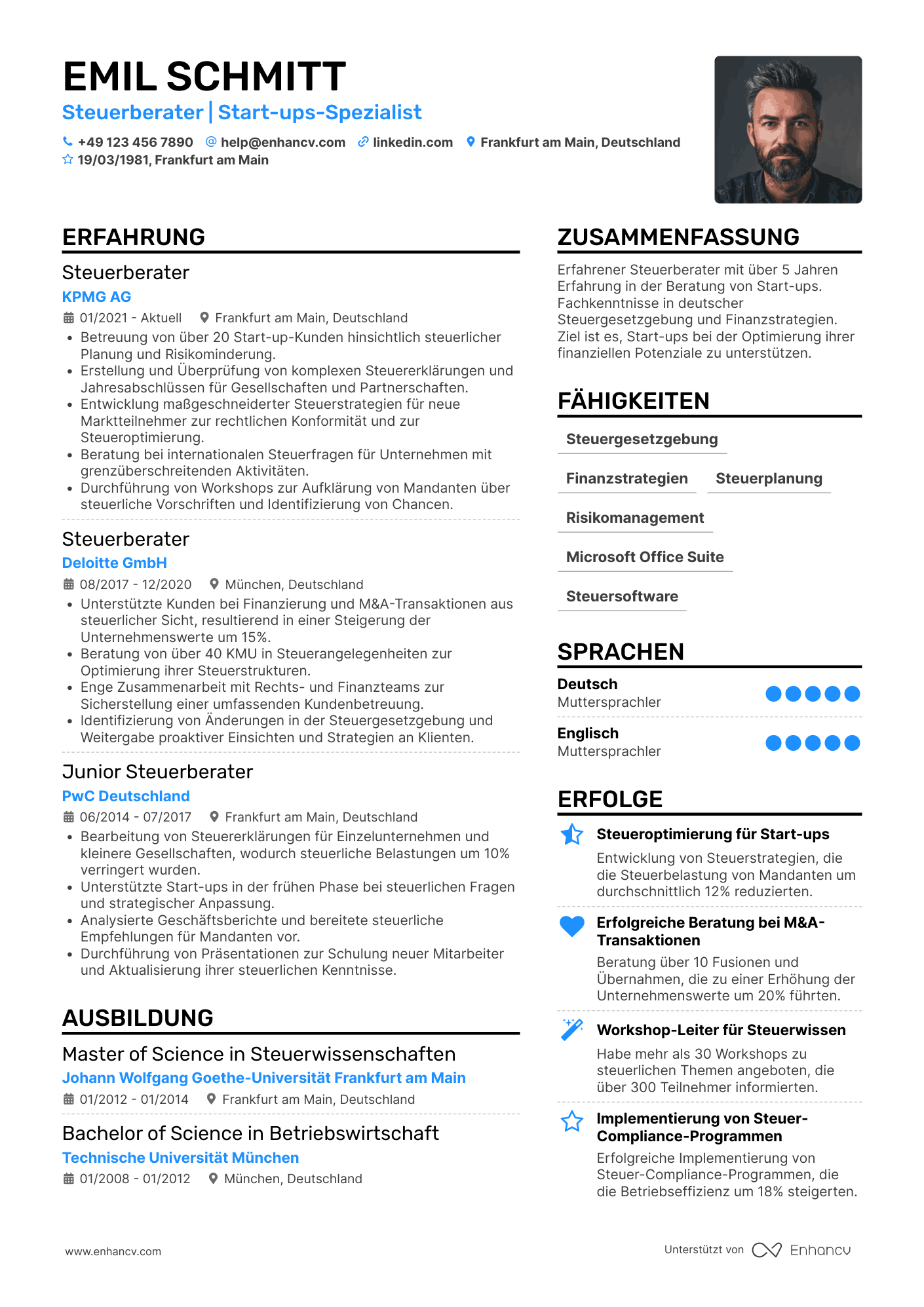 Lebenslauf in Steuerberater für Start ups Resume Example
