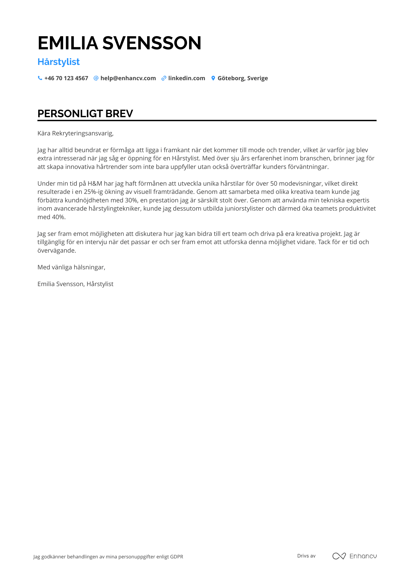 Personligt brev för Hårstylist inom Modeindustrin Resume Example