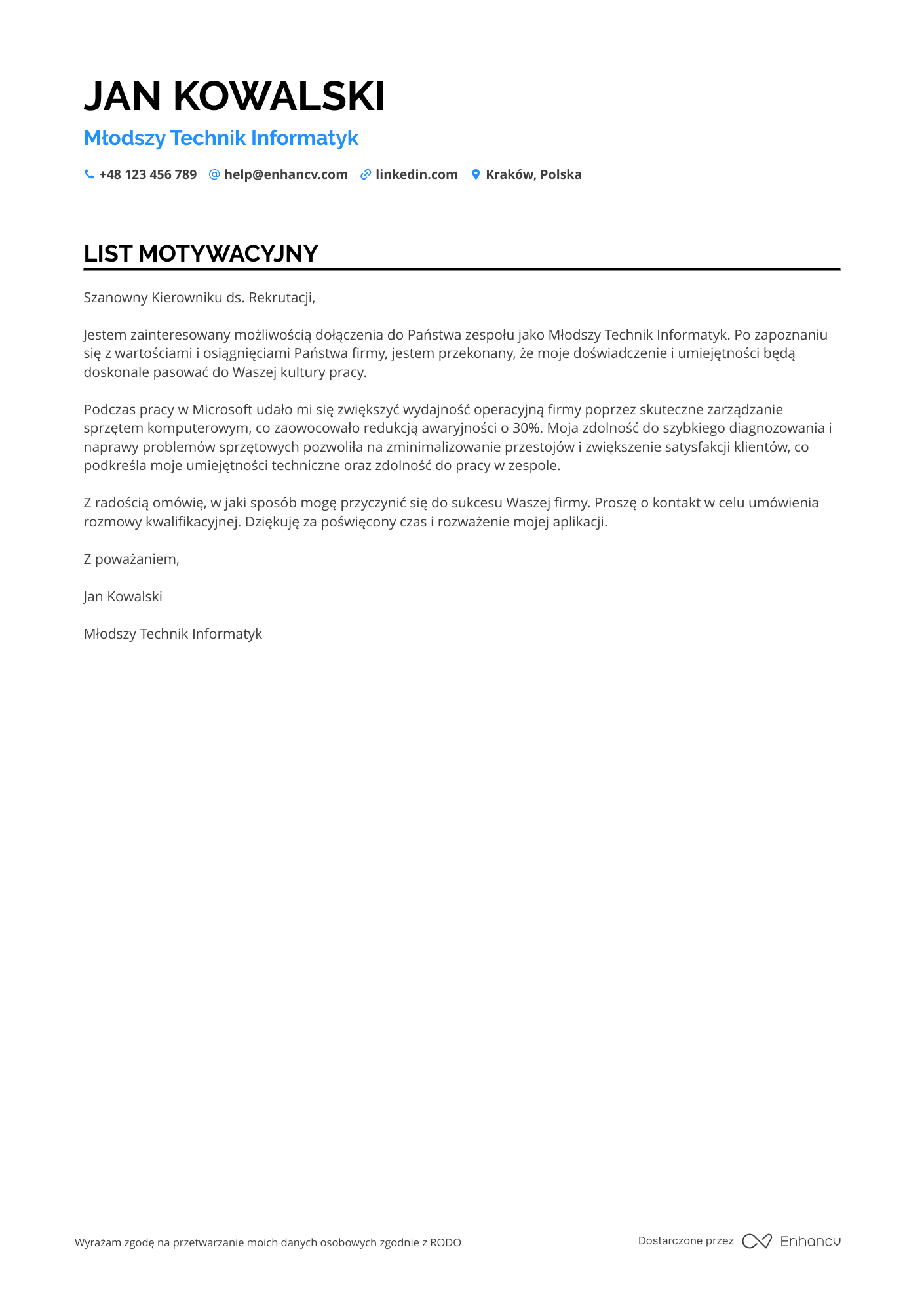 List motywacyjny dla Młodszy Technik Informatyk Resume Example