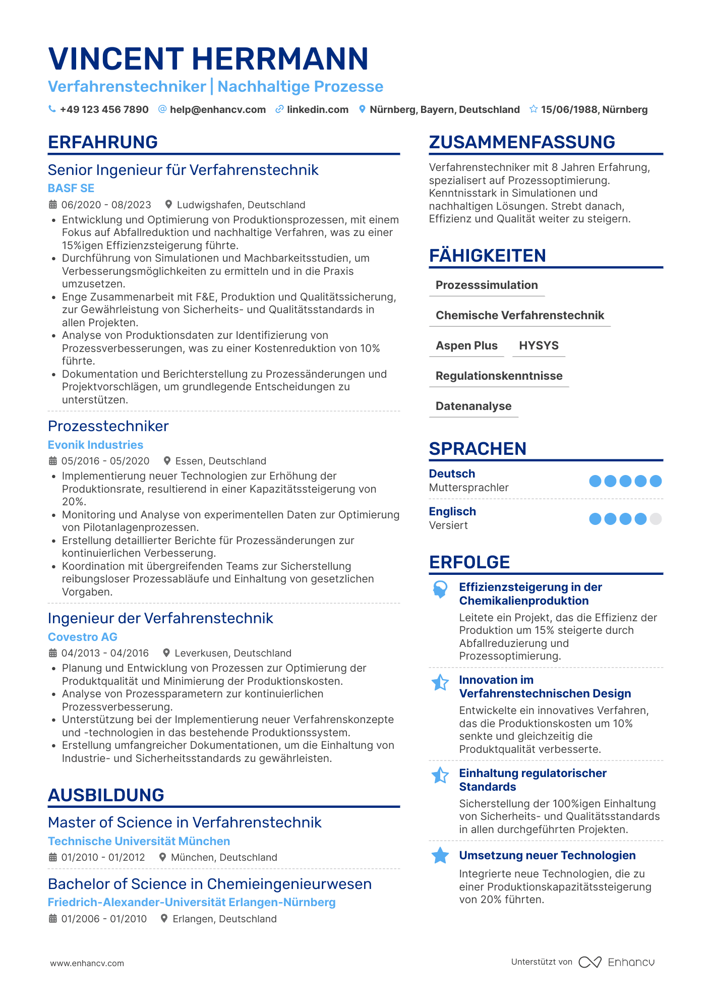 Lebenslauf als Ingenieur für Verfahrenstechnik Resume Example