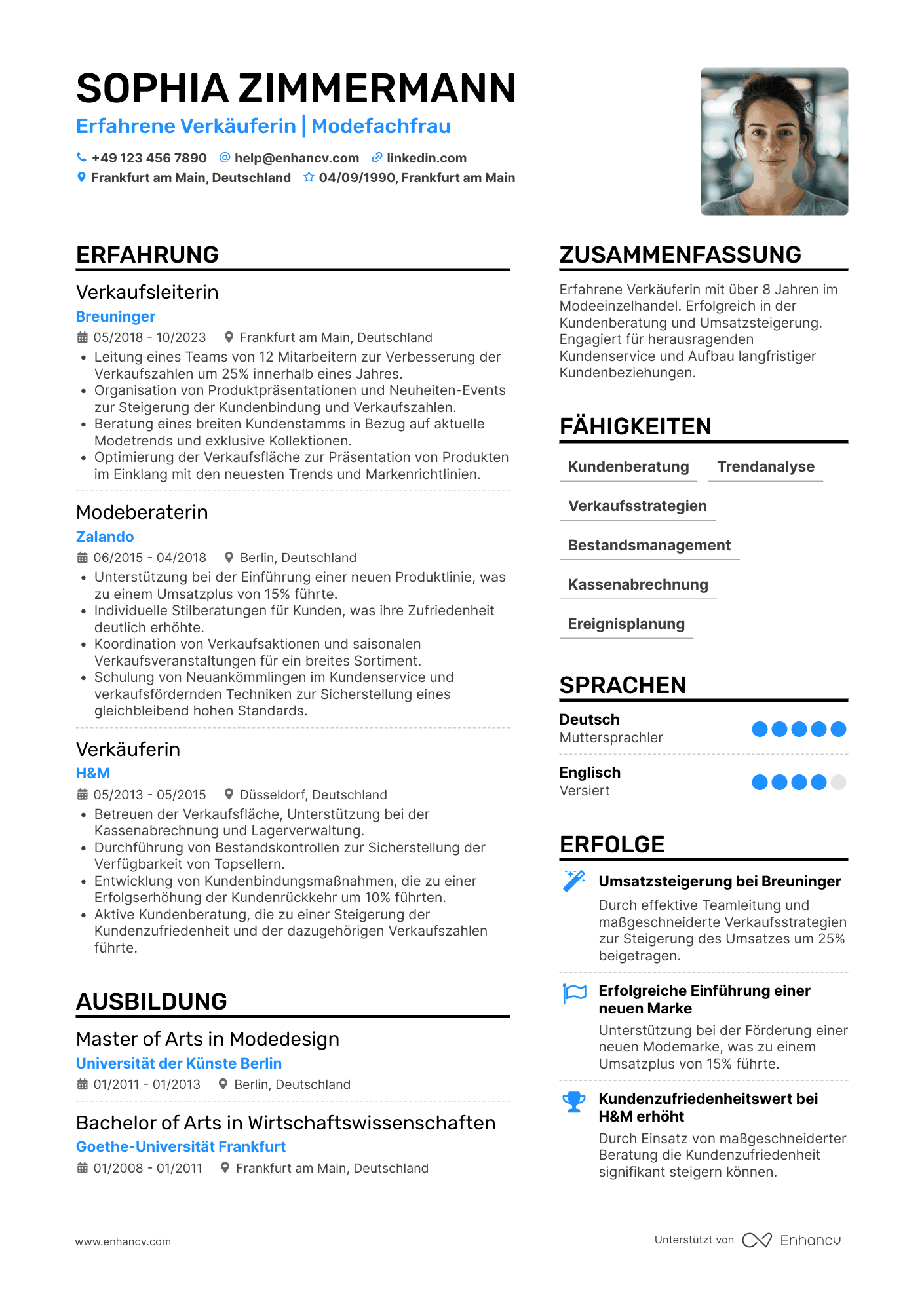 Lebenslauf als Erfahrene Verkäuferin Resume Example