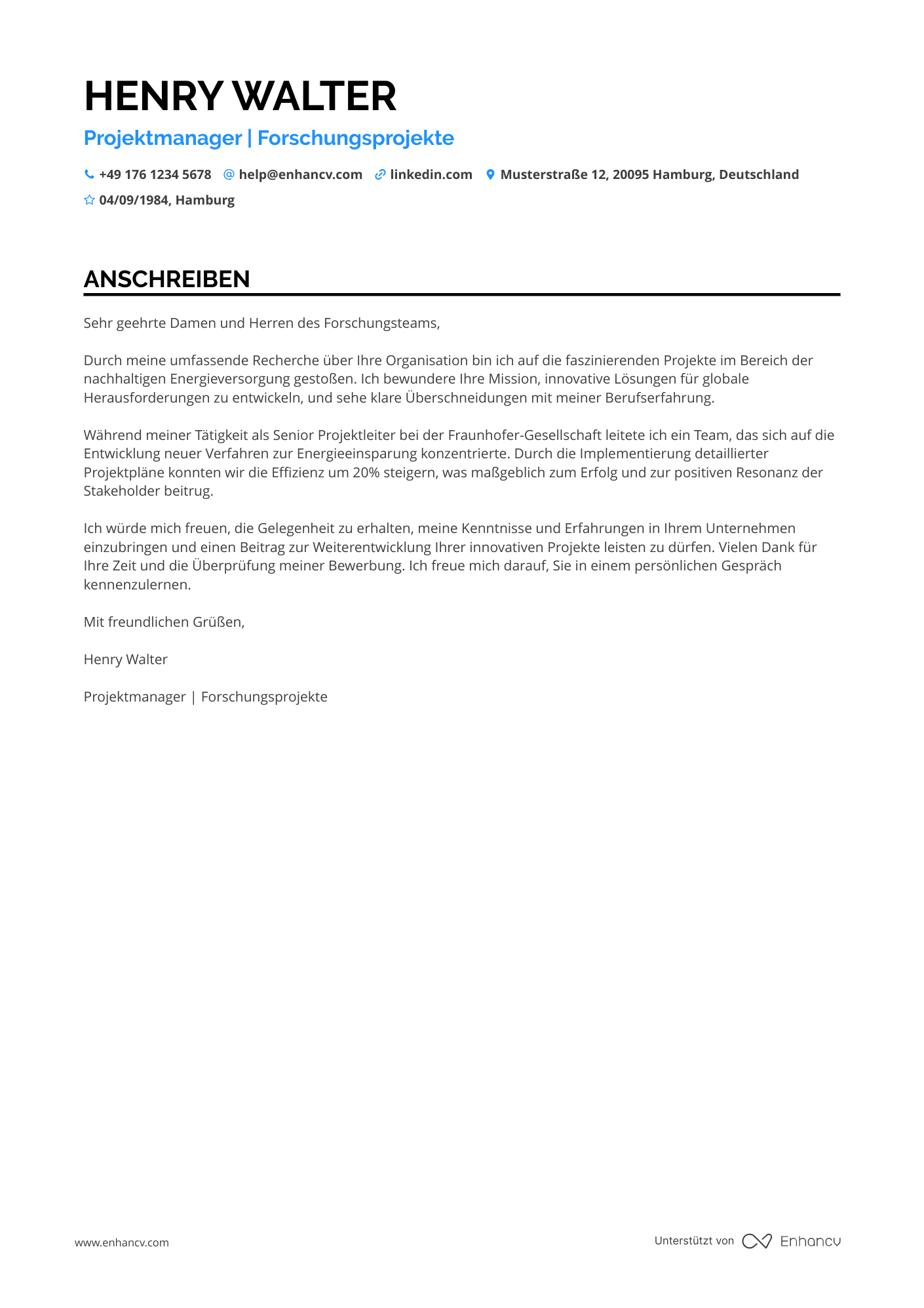 Projektleiter für Forschungsprojekte Resume Example