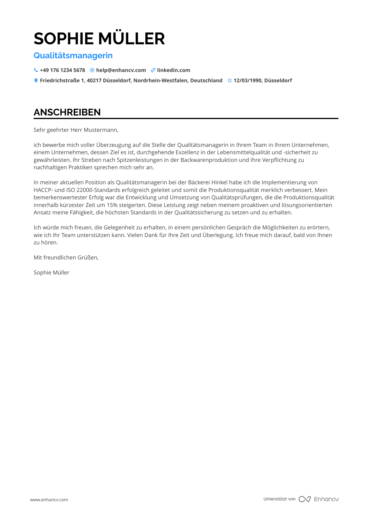 Bäckerei Qualitätsmanager Resume Example