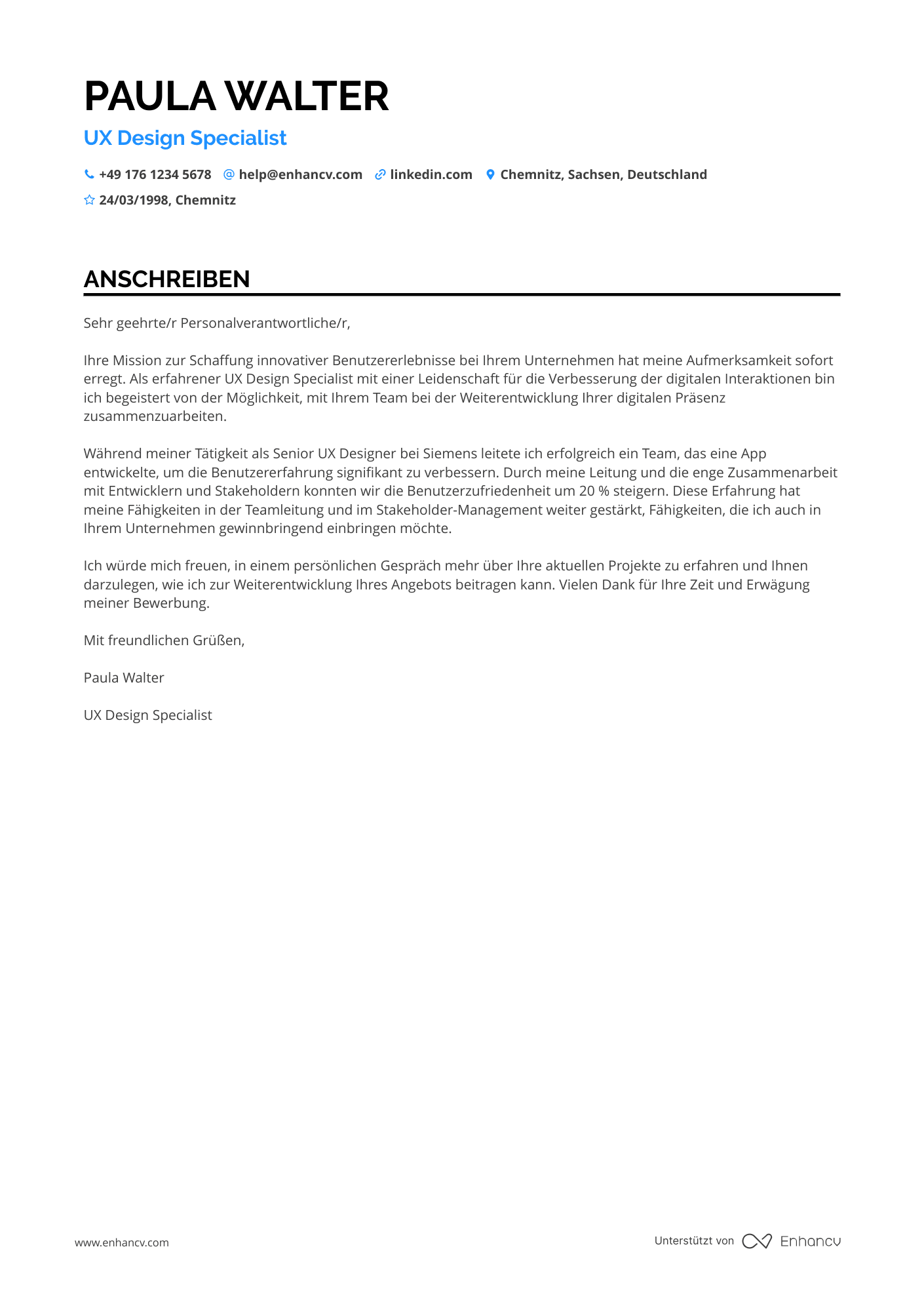 UX Design Spezialist Resume Example