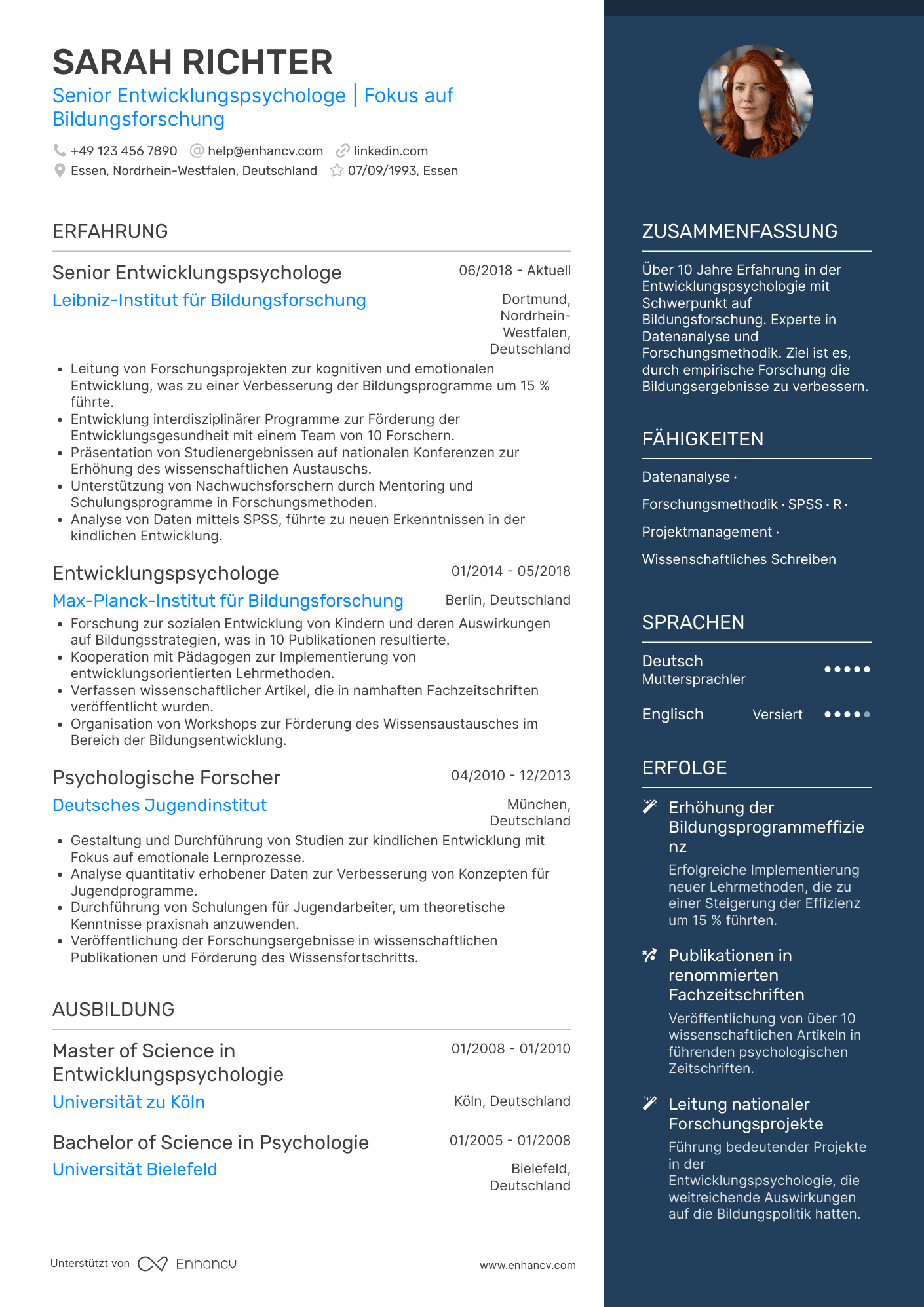Lebenslauf als Entwicklungspsychologe Resume Example