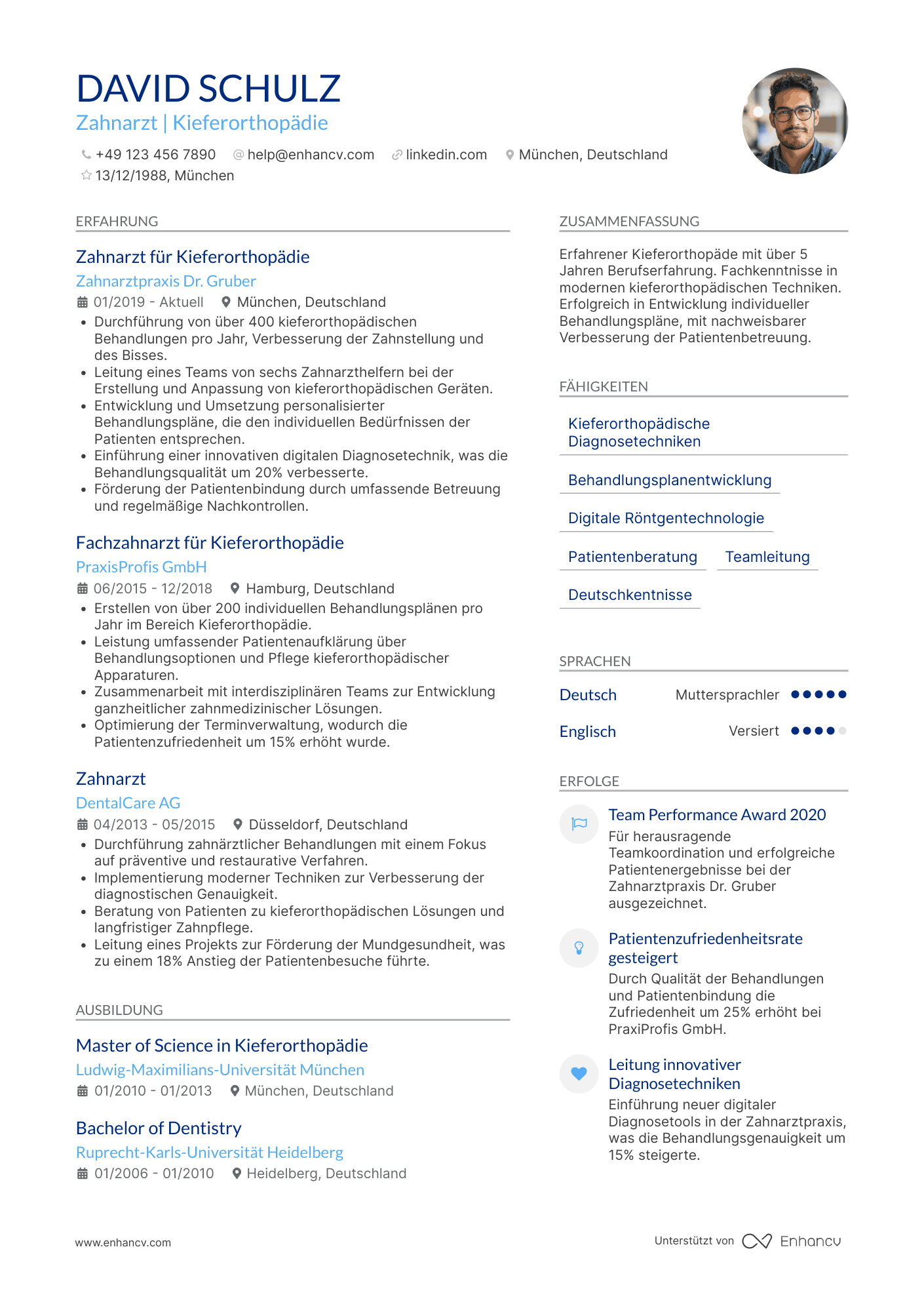 Lebenslauf als Zahnarzt für Kieferorthopädie Resume Example
