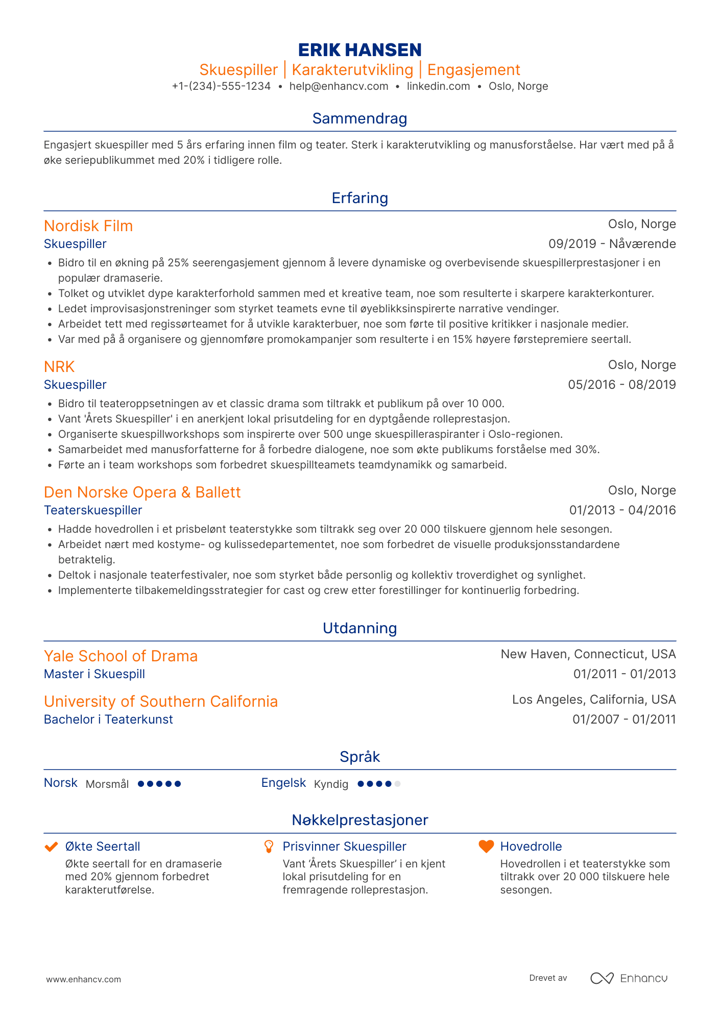 CV for TV skuespiller Resume Example