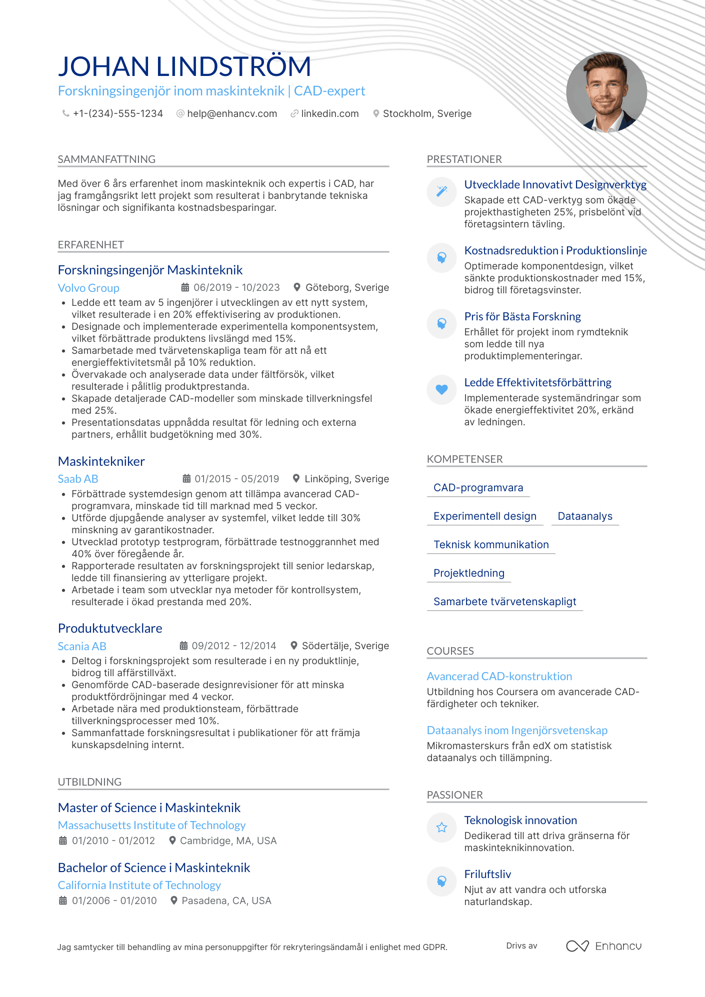 CV för Forskningsingenjör Maskiningenjör Resume Example