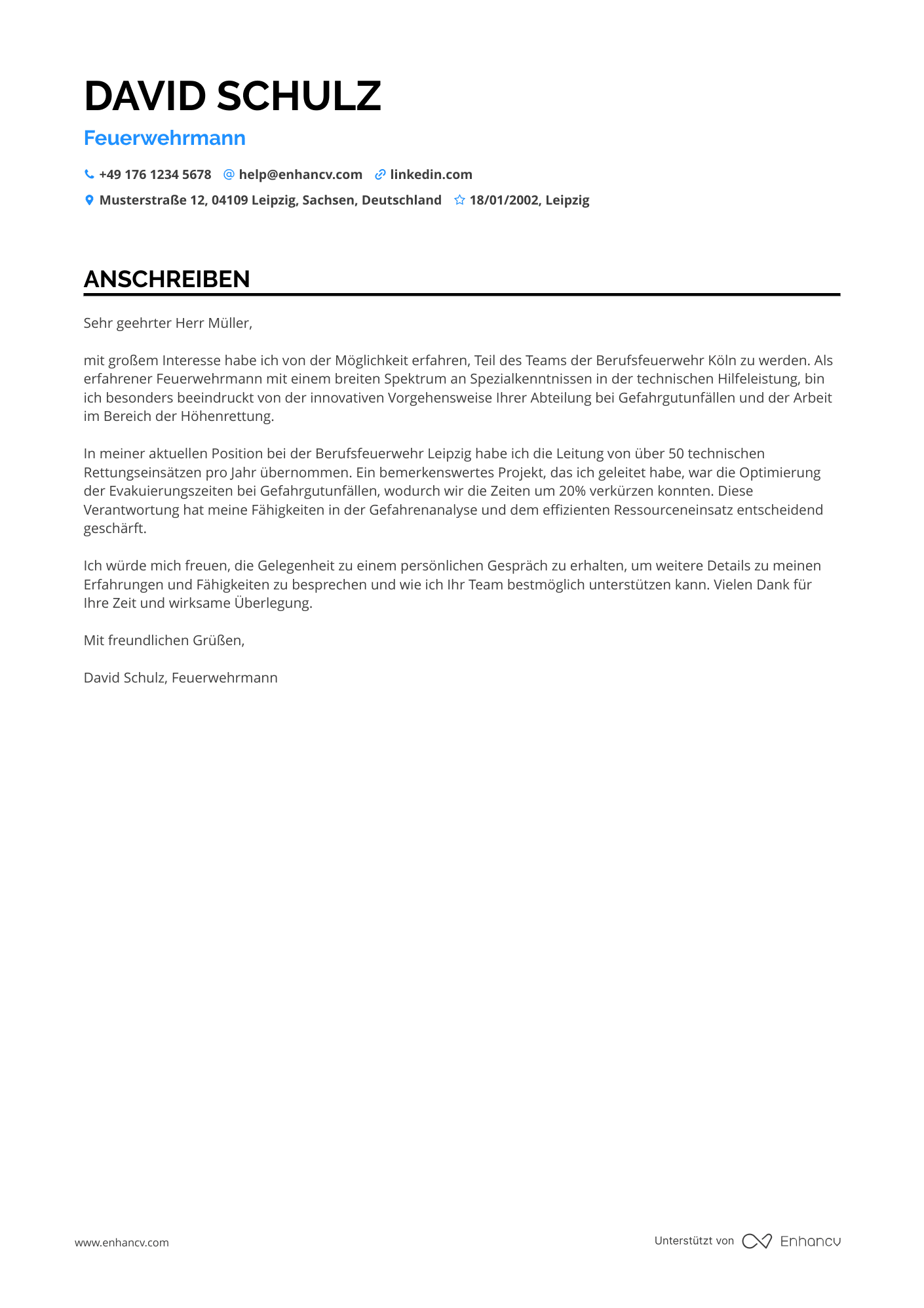 Feuerwehrmann für technische Hilfeleistung Resume Example