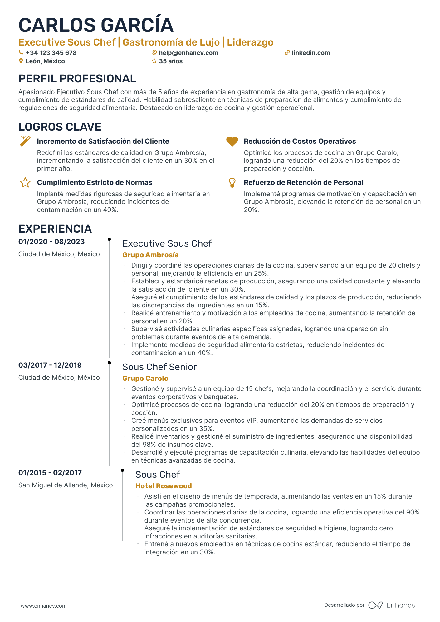 Chef de Producción Resume Example