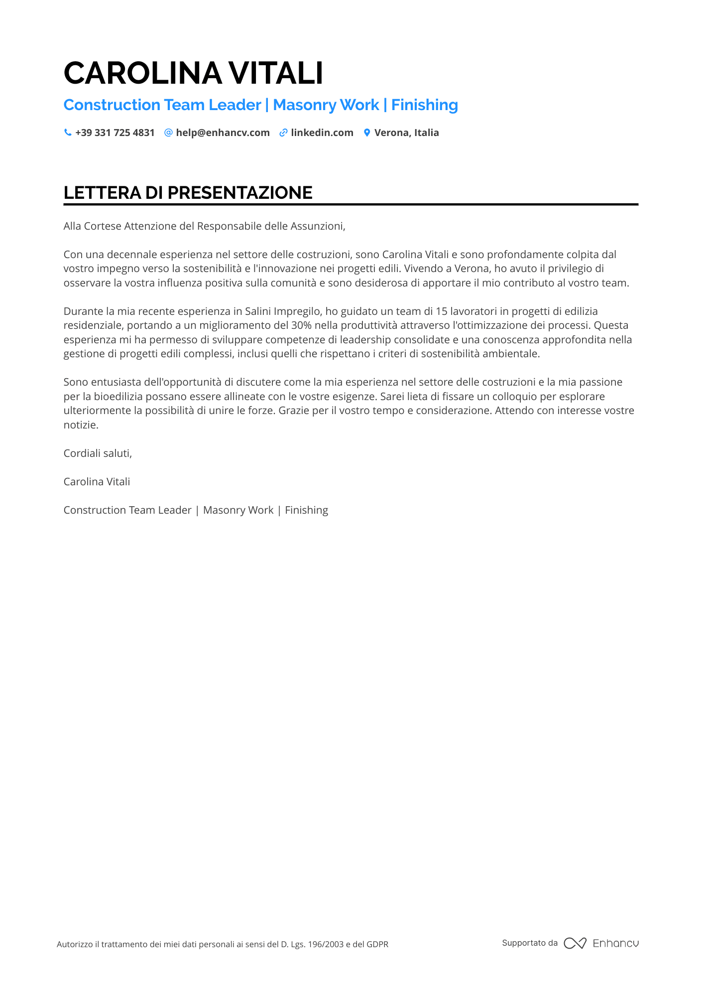 Capo Operaio Edile Resume Example