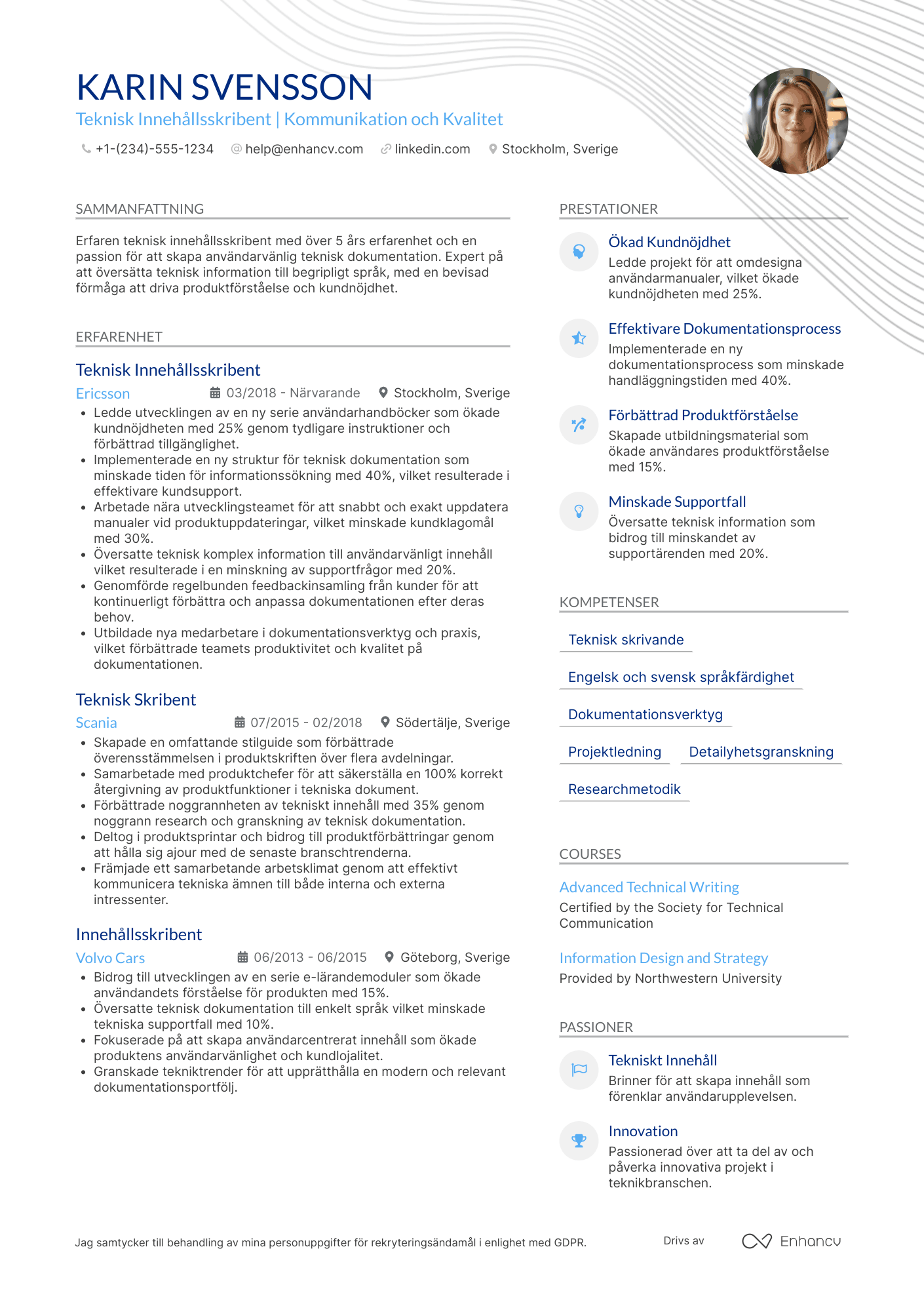 CV för Teknisk Innehållsskribent Resume Example