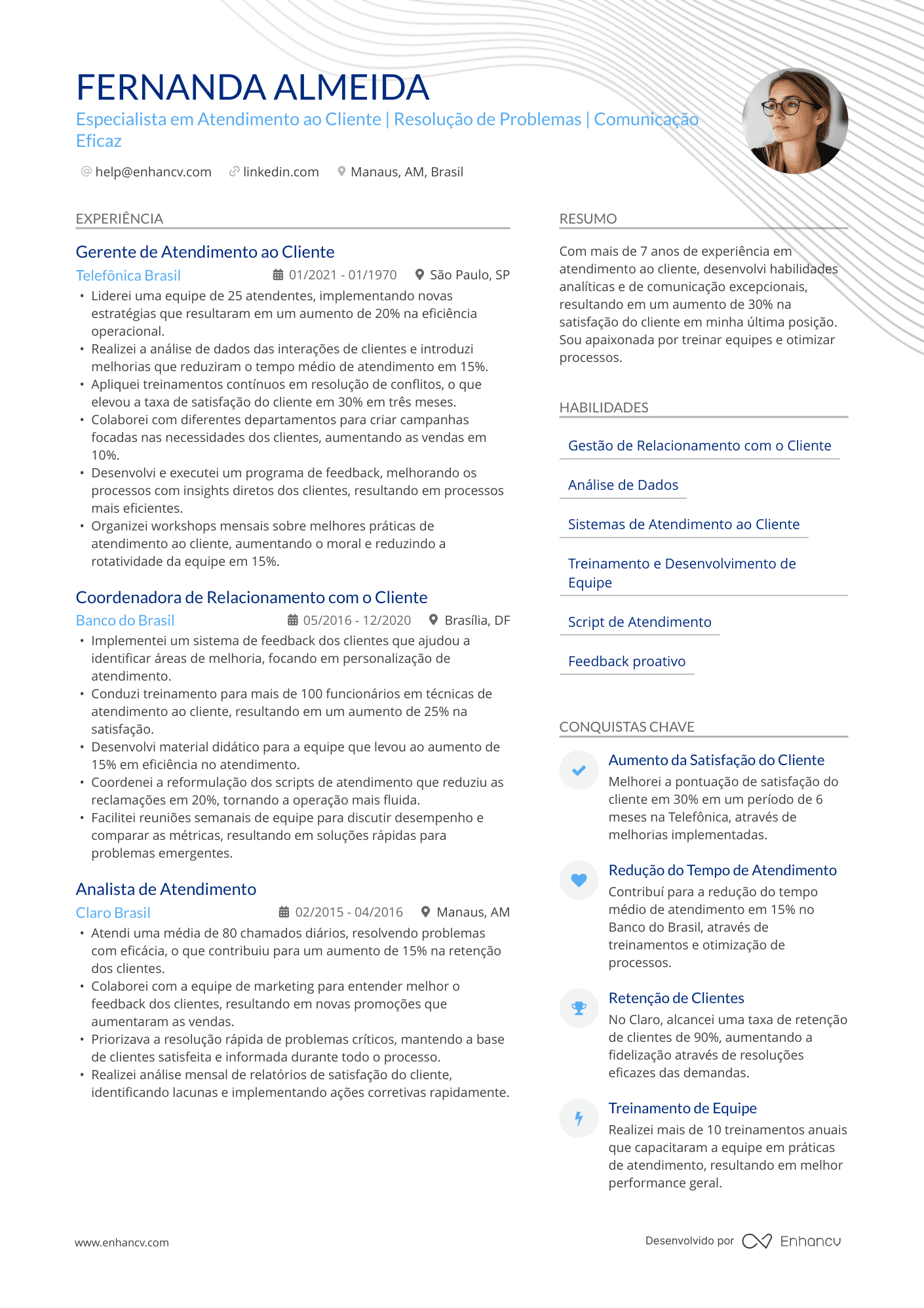 Atendimento ao Cliente para Profissionais Sêniores Resume Example