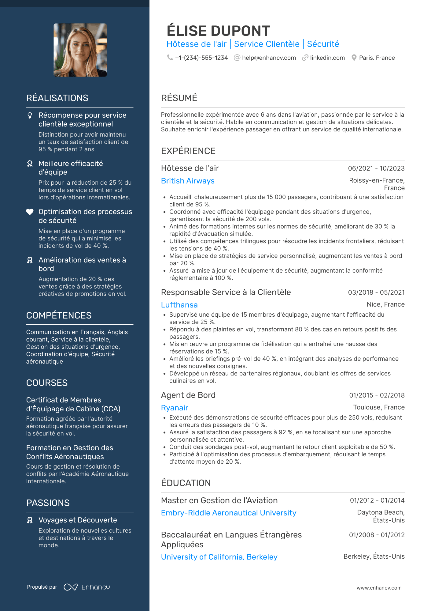 CV d’hôtesse de l’air chez Air France Resume Example