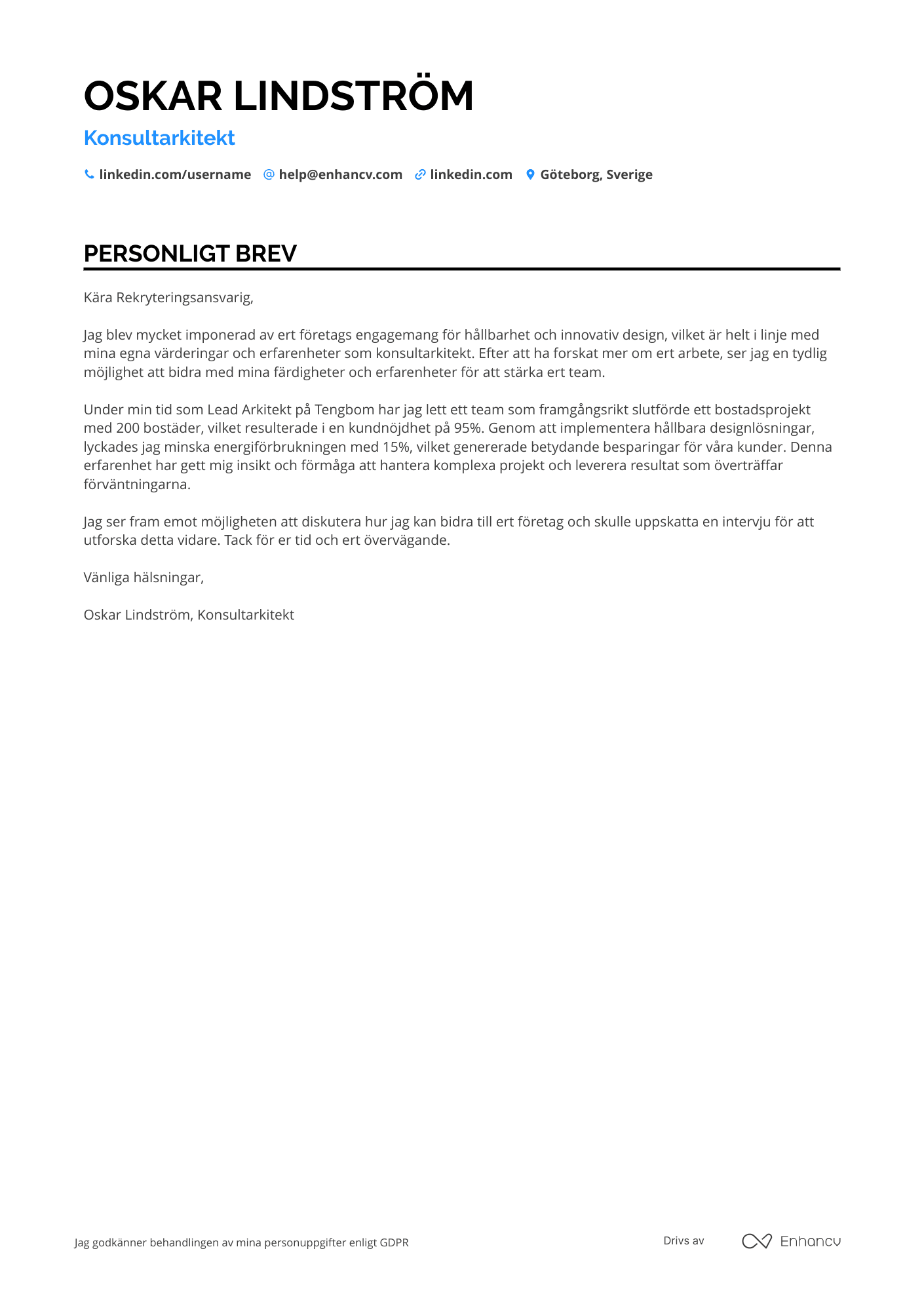 Personligt brev för Konsultarkitekt Resume Example