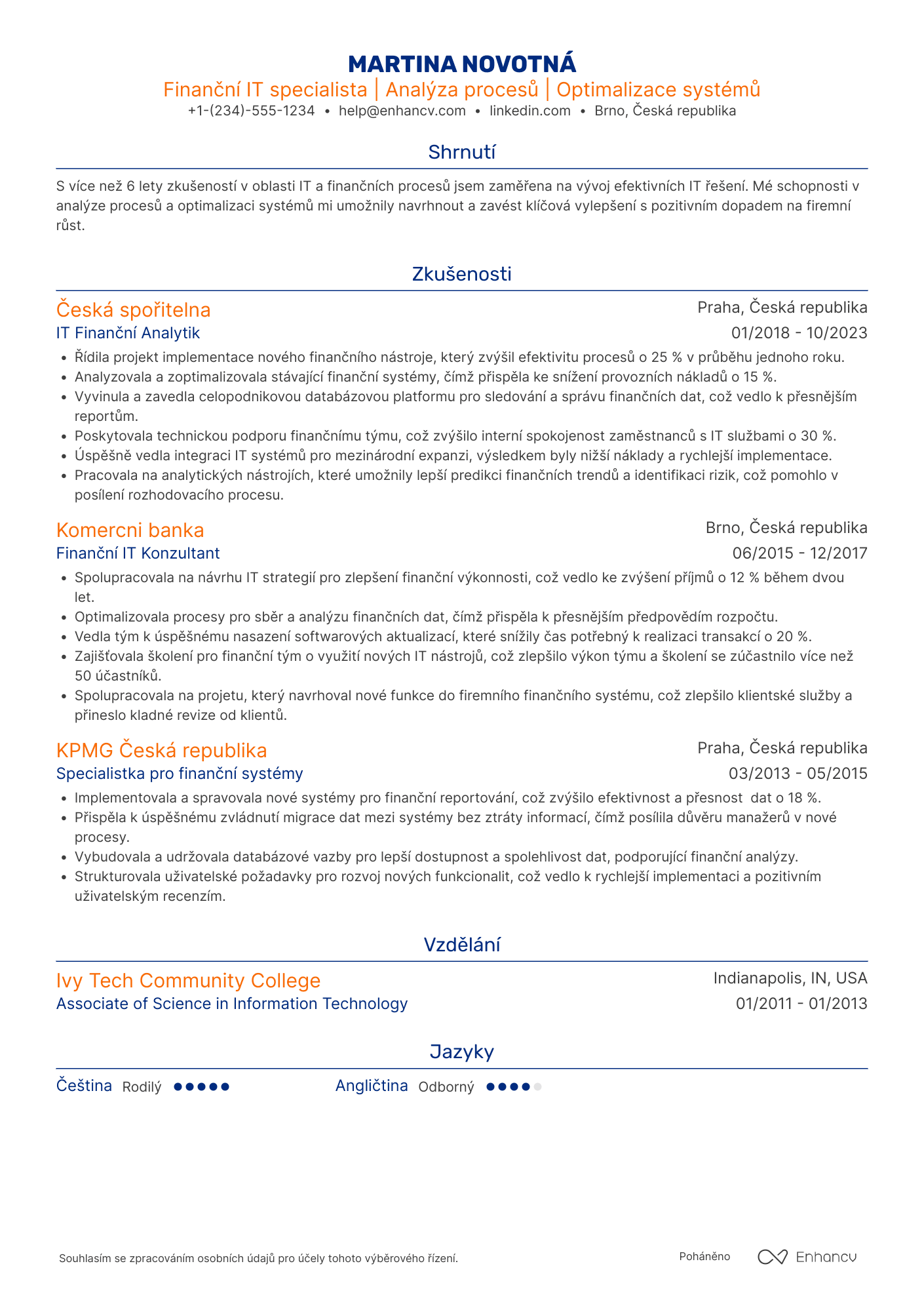 Životopis pro Finanční IT specialista Resume Example
