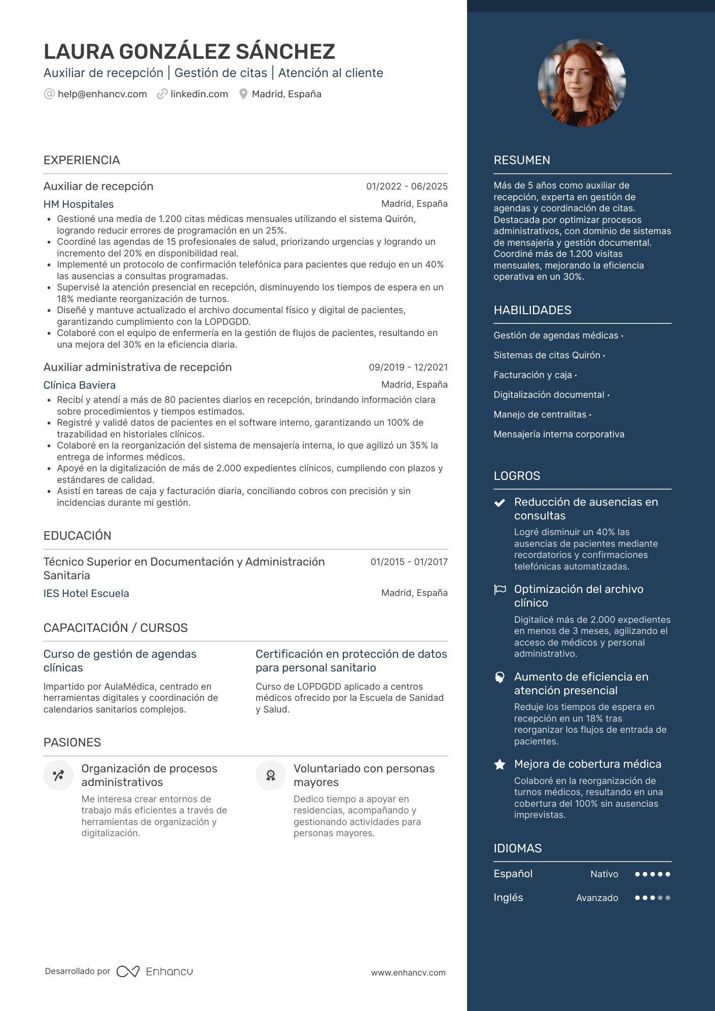 Auxiliar de recepción Resume Example