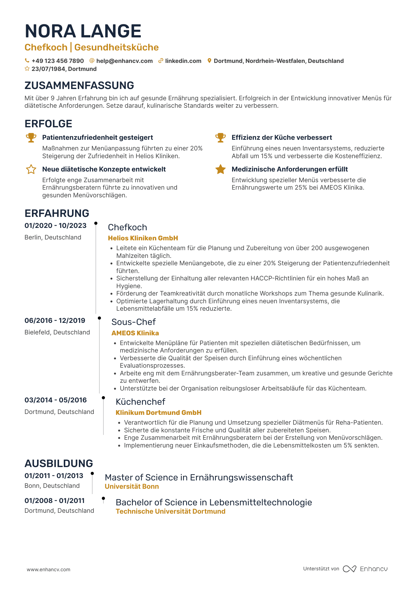 Lebenslauf in Koch in der Gesundheitsindustrie Resume Example
