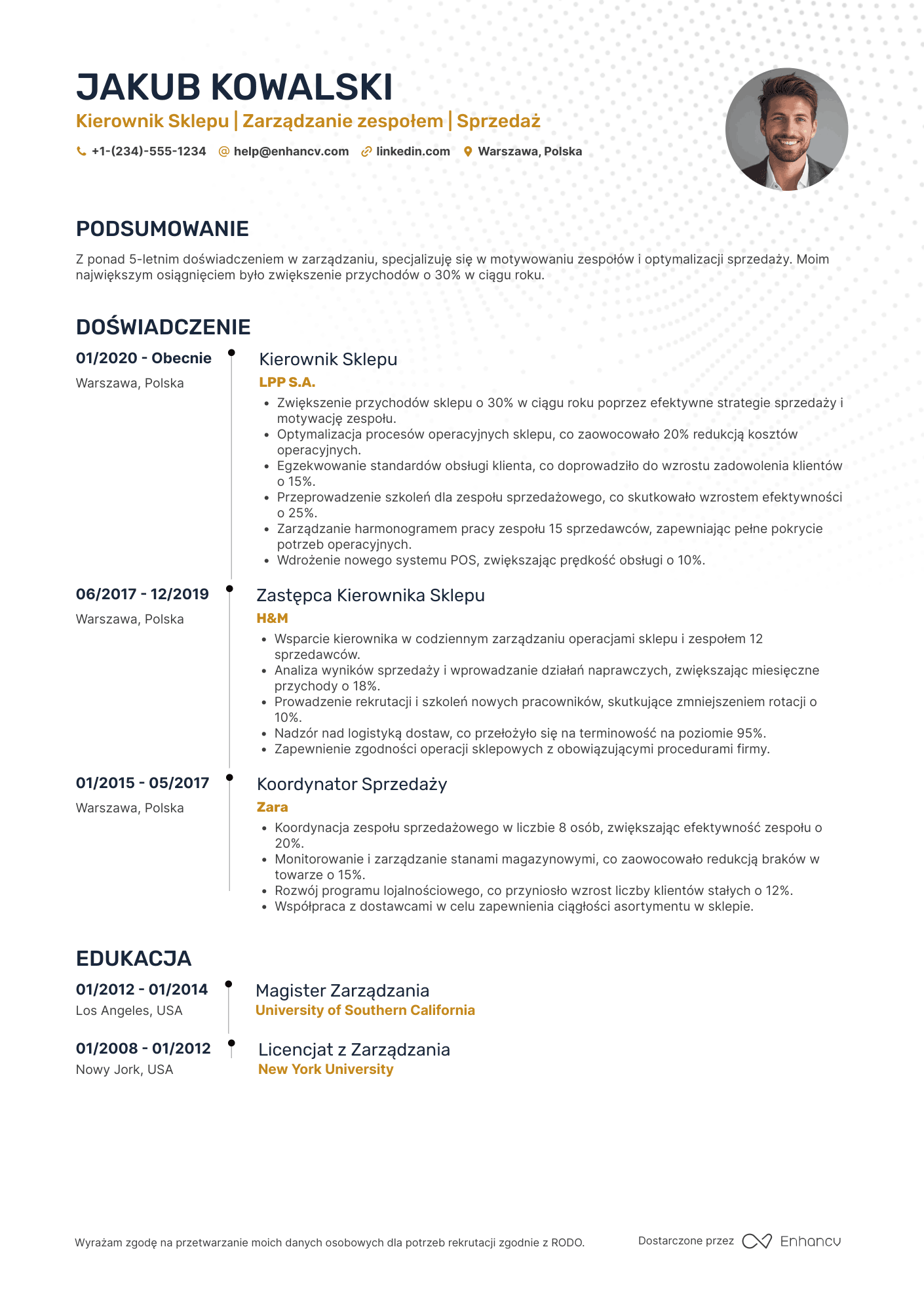 CV dla Kierownik Sklepu Sieciowego Resume Example