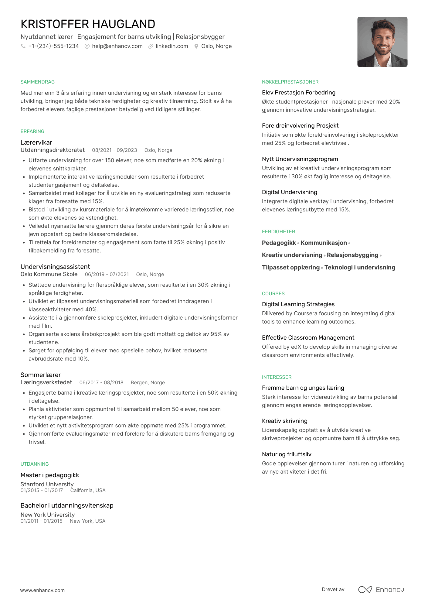 CV for Nyutdannet lærer Resume Example