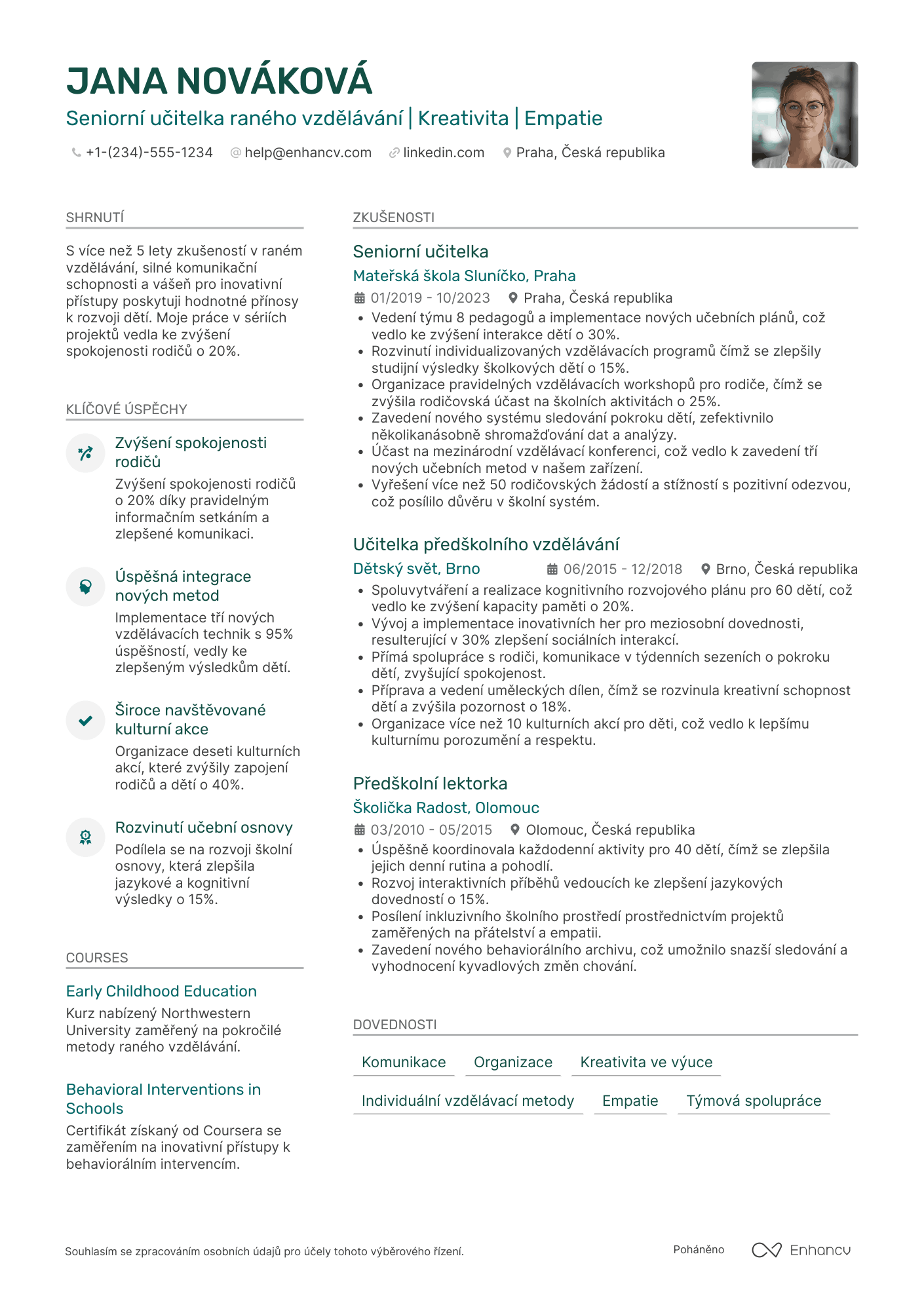 Životopis pro Seniorní učitelka raného vzdělávání Resume Example