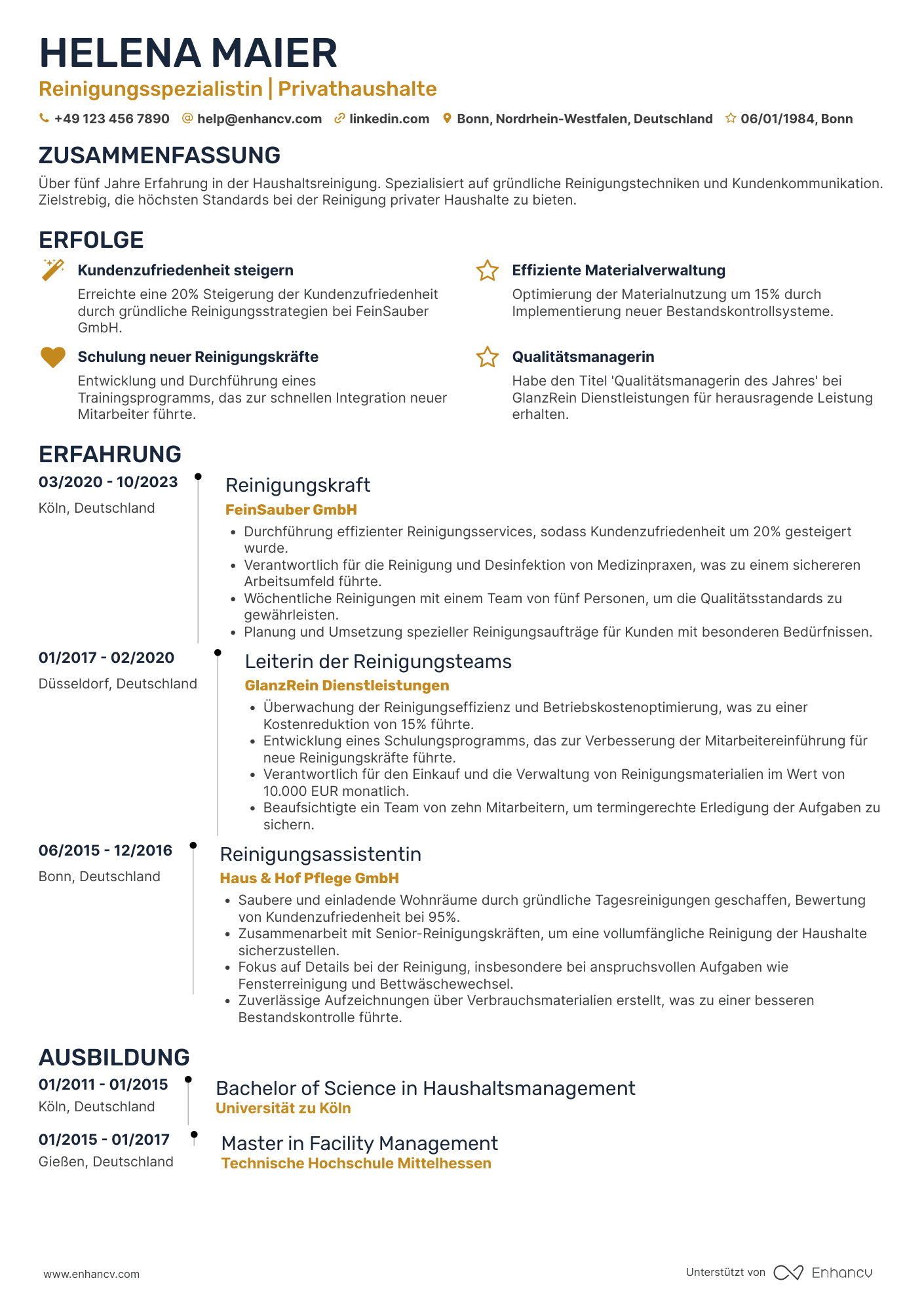 Lebenslauf als Reinigungskraft für Privathaushalte Resume Example
