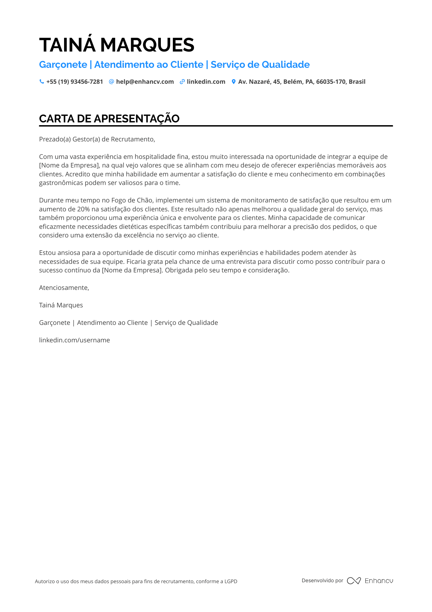 Garçom de Clube Resume Example