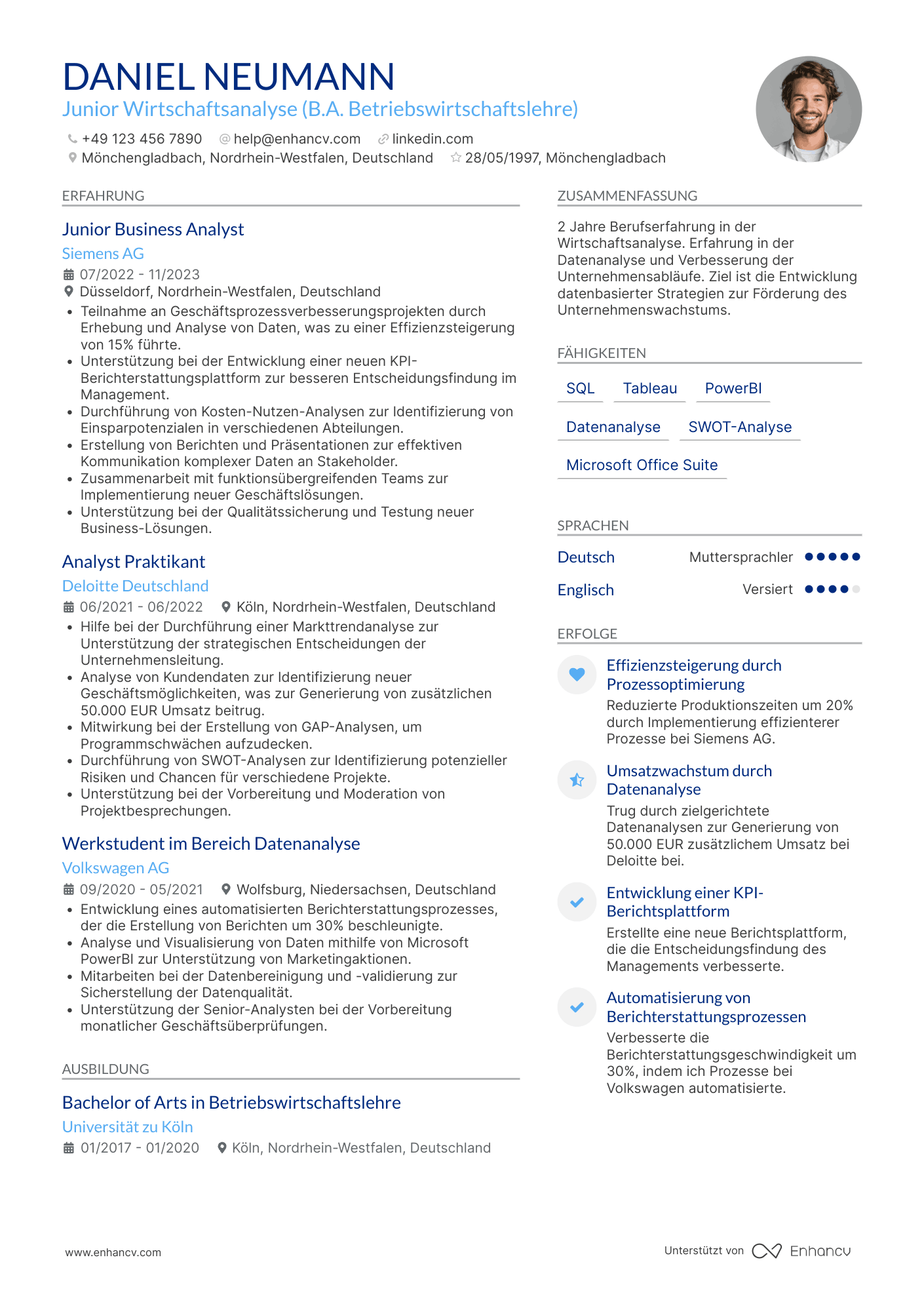 Lebenslauf als Junior Business Analyst Resume Example