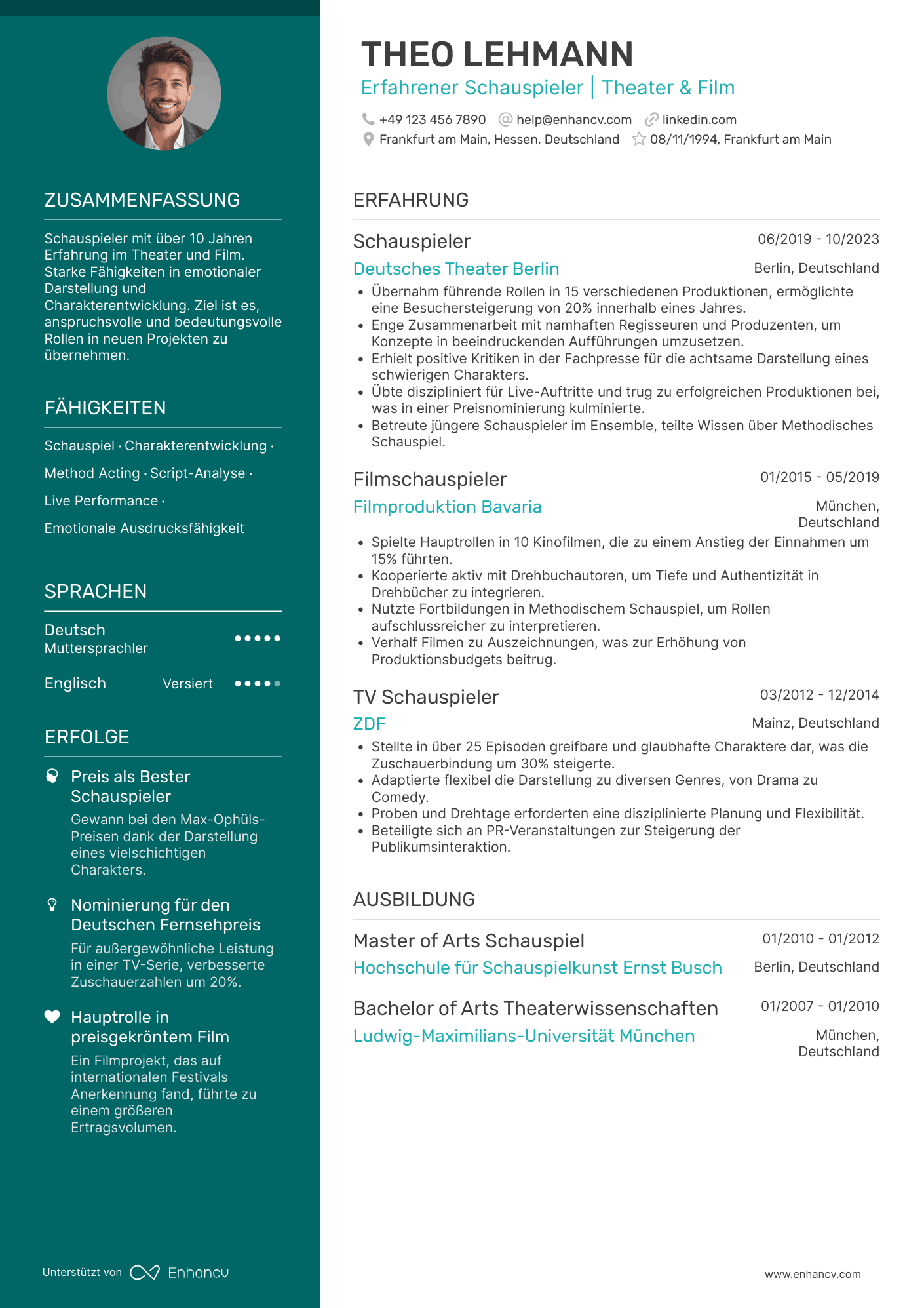 Lebenslauf als Erfahrener Schauspieler Resume Example