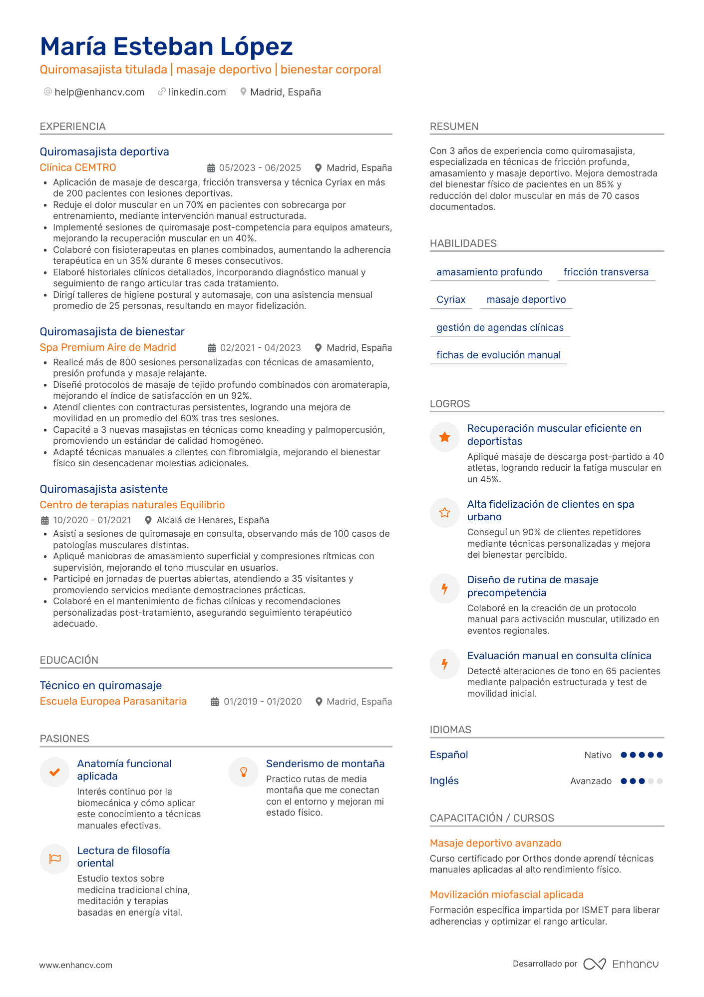 Quiromasajista Resume Example