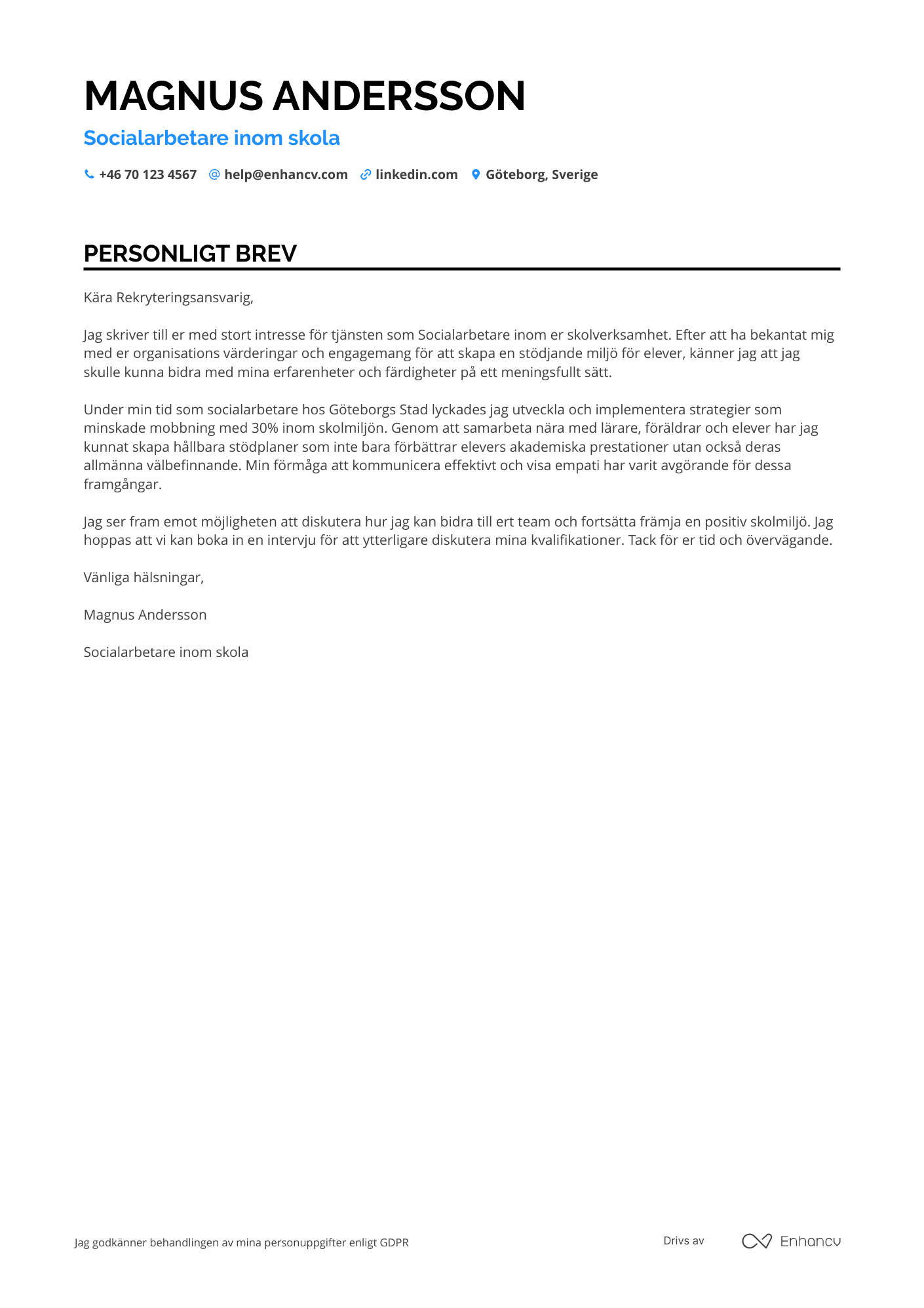 Personligt brev för Socialarbetare inom skola Resume Example
