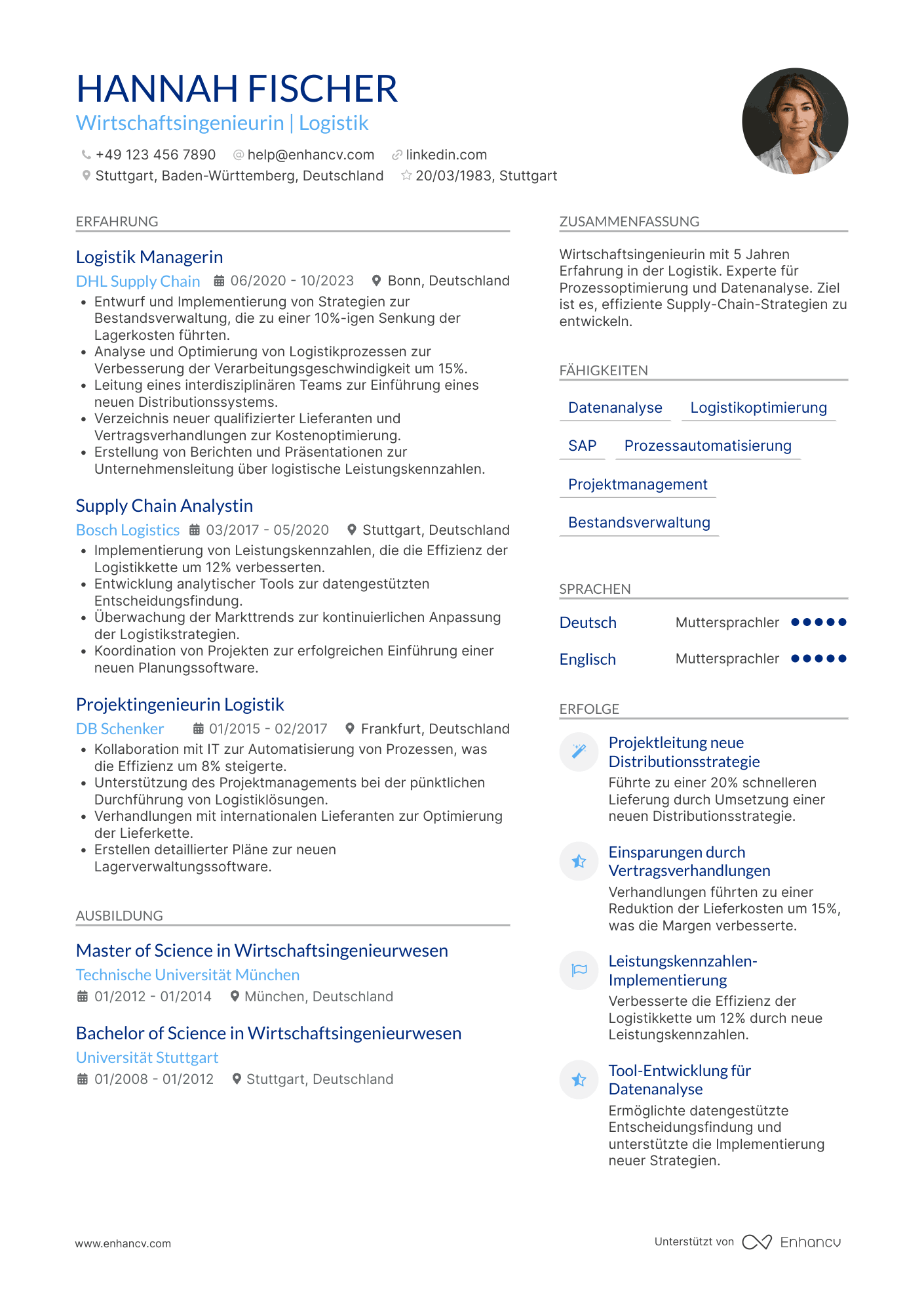 Lebenslauf als Wirtschaftsingenieur in der Logistik Resume Example