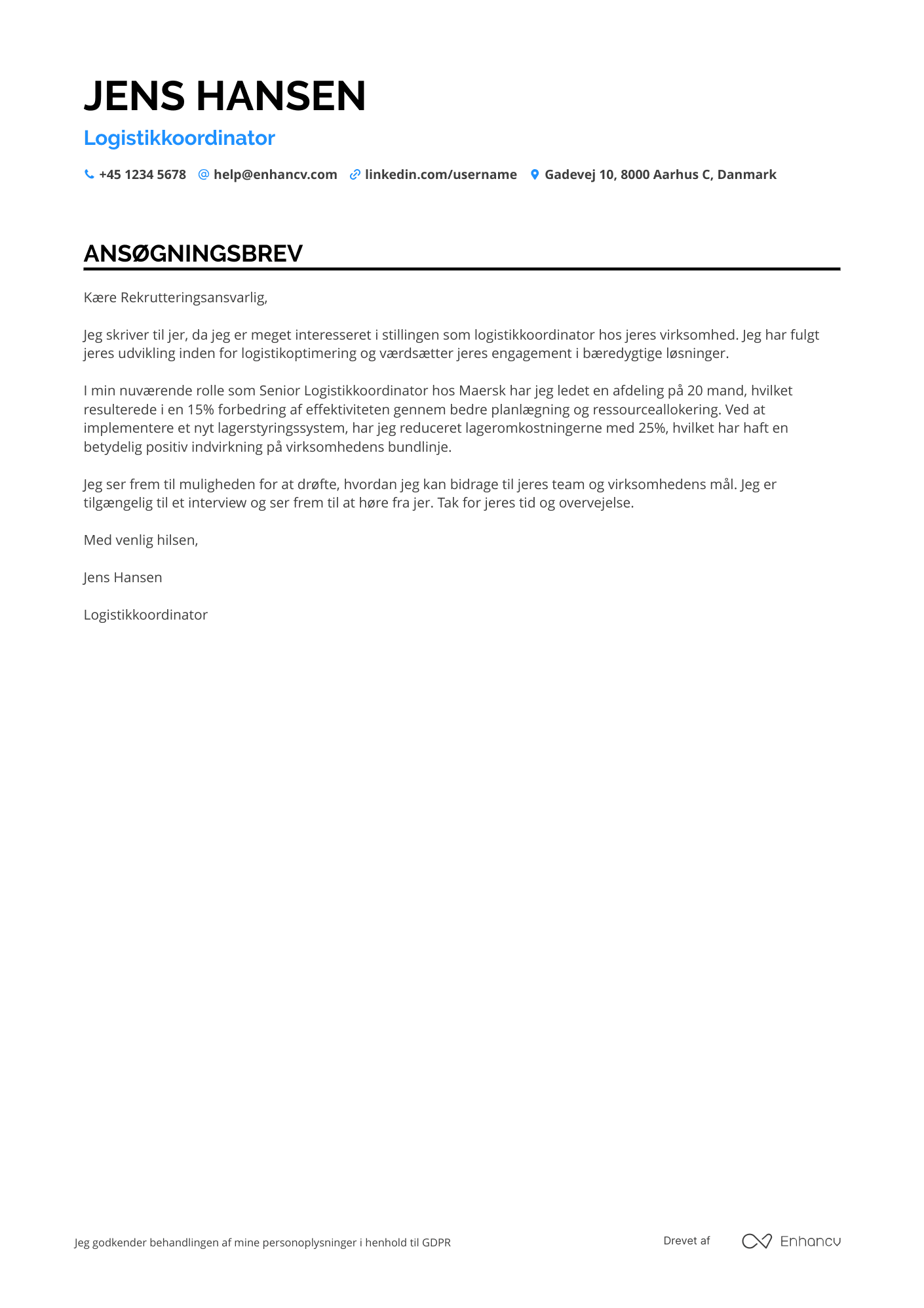 Ansøgningsbrev til Projektbaseret logistikkoordinator Resume Example