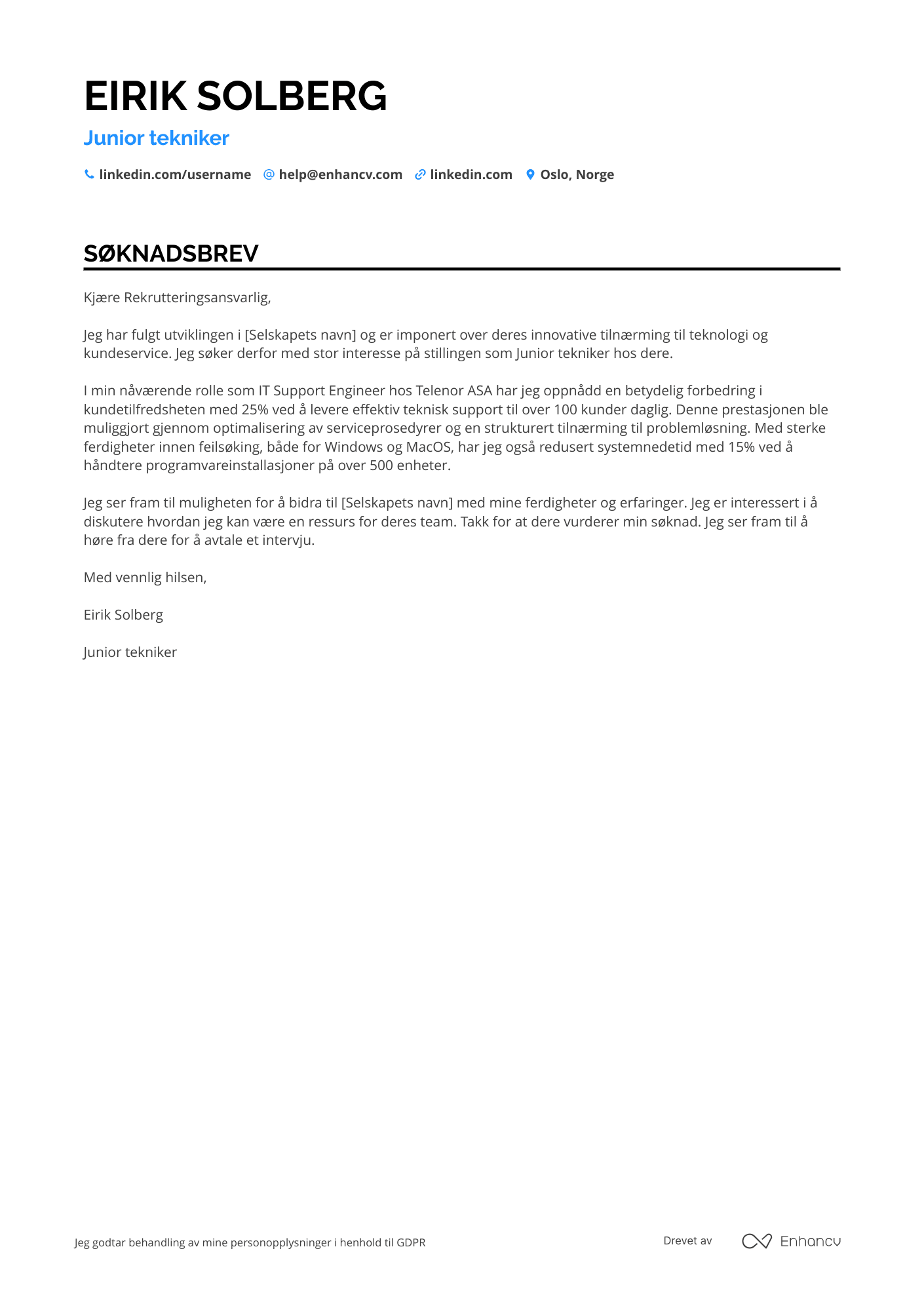 Søknadsbrev for Junior tekniker Resume Example