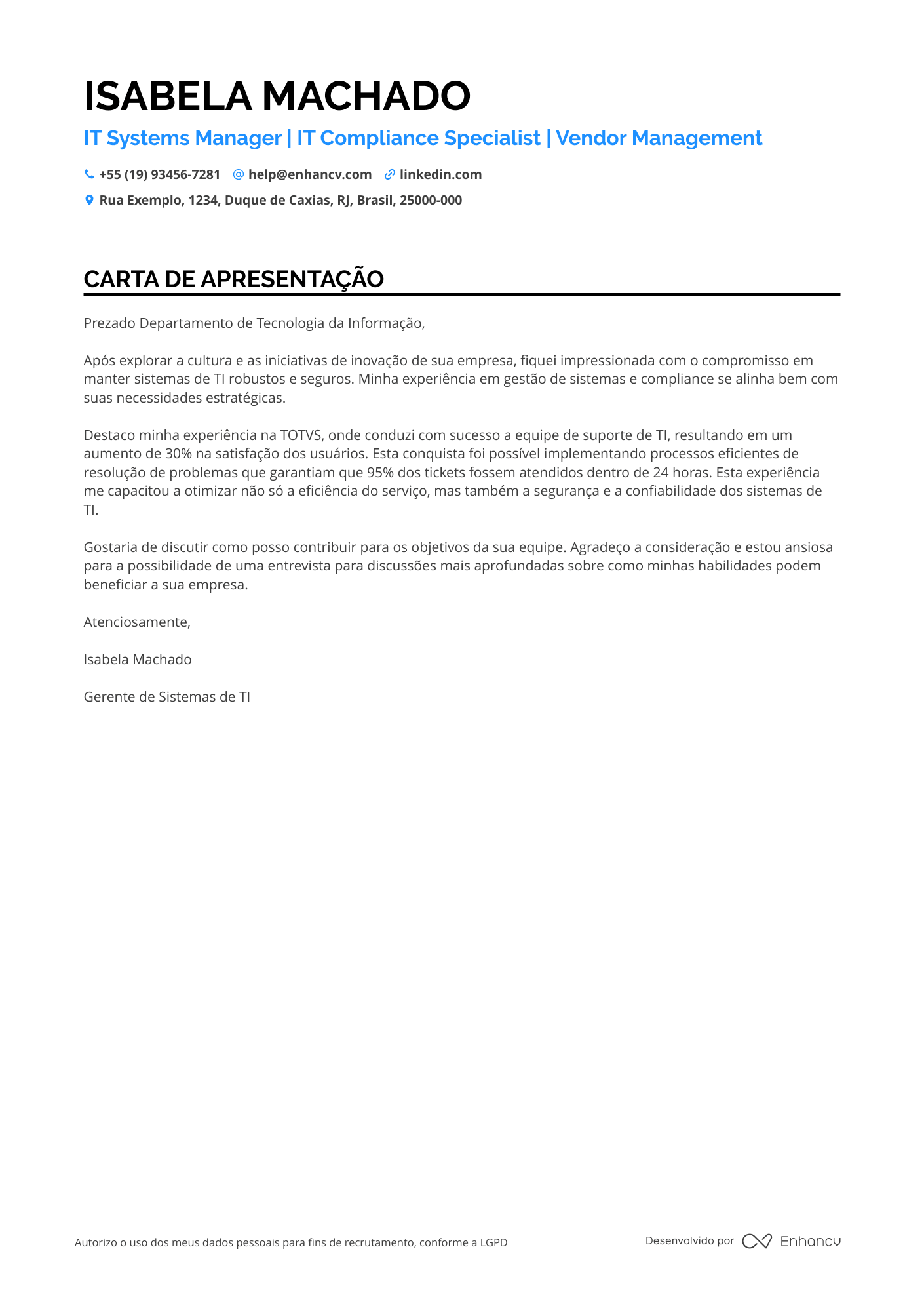 Gerente Administrativo de Tecnologia da Informação Resume Example