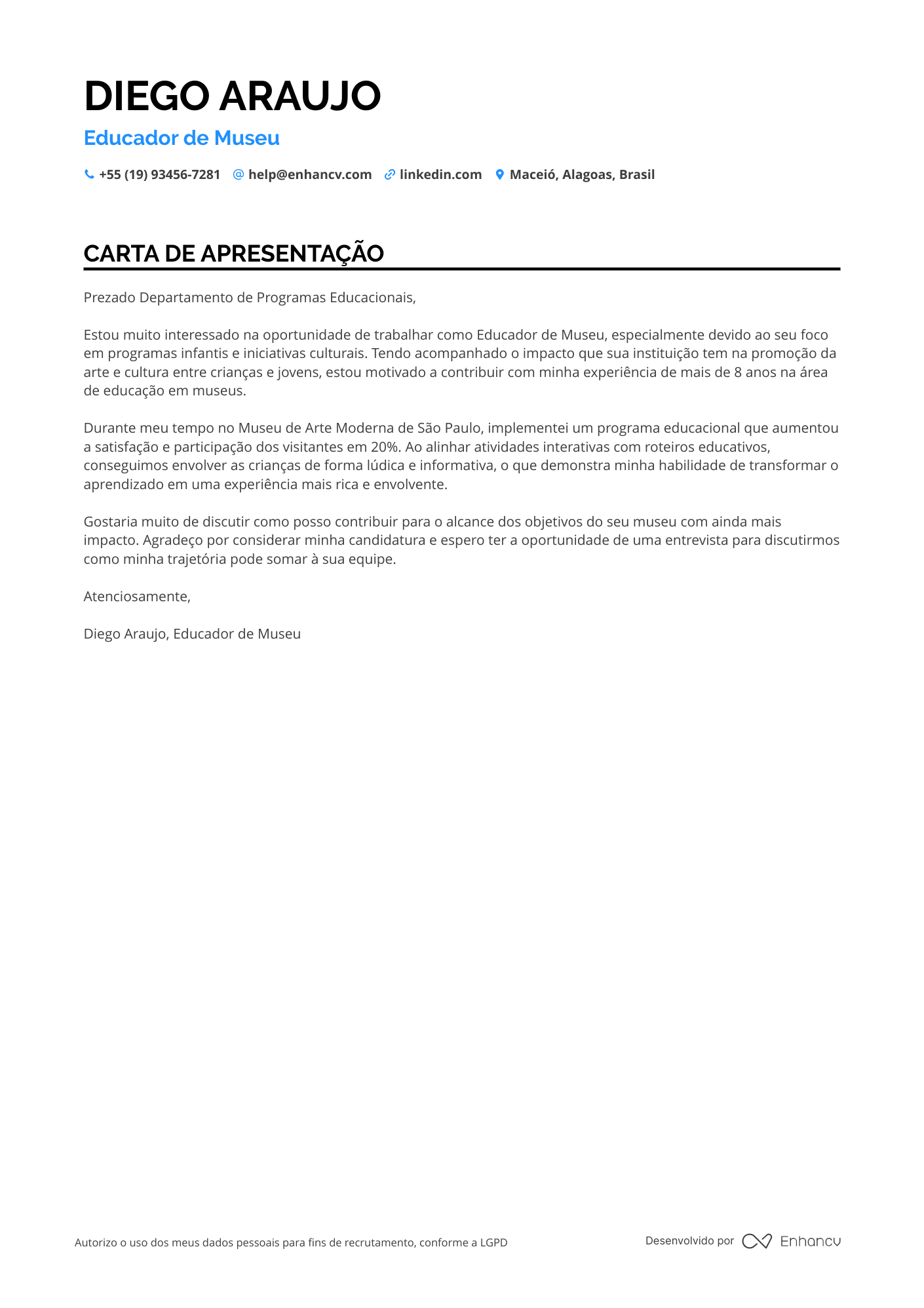 Zelador de Museus Resume Example